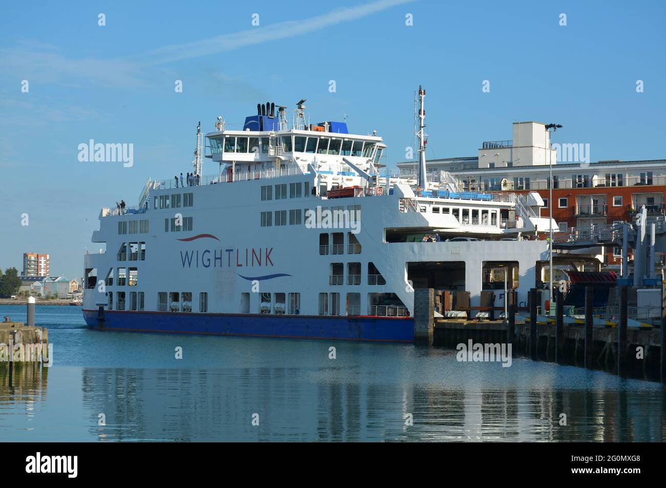 Wightlink car and passenger ferry at the Gunwharf terminal in Portsmouth loading and unloading. Stock Photo
