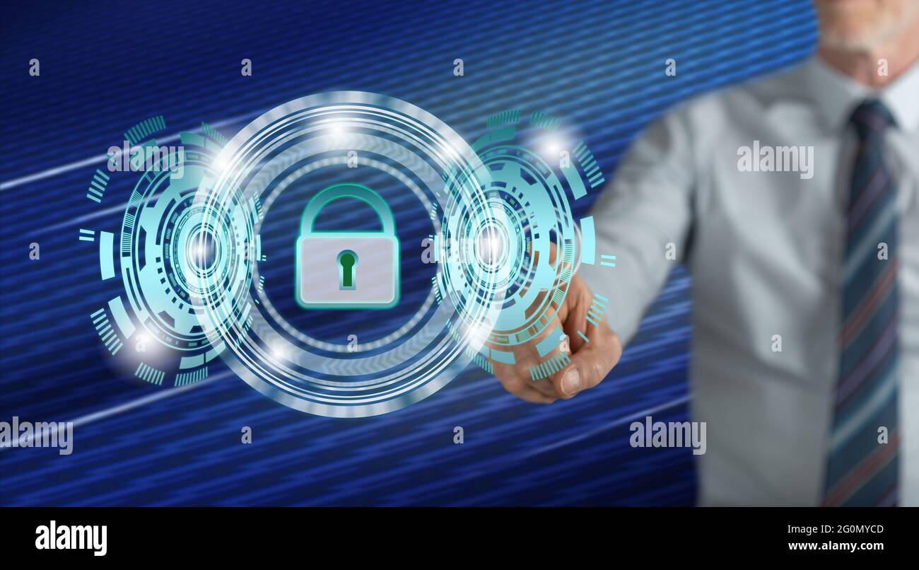 Man touching a data security concept on a touch screen with his finger ...