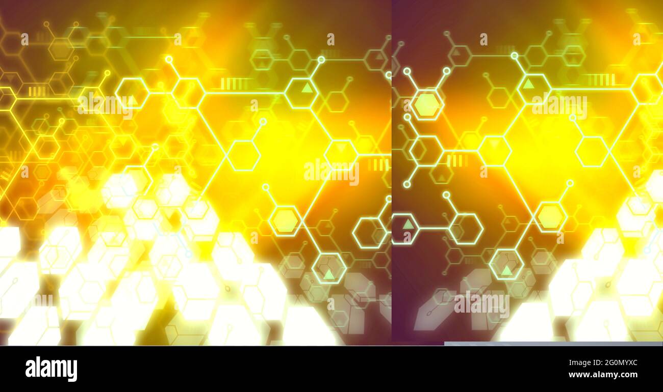 Composition of glowing yellow structures of chemical compounds Stock Photo