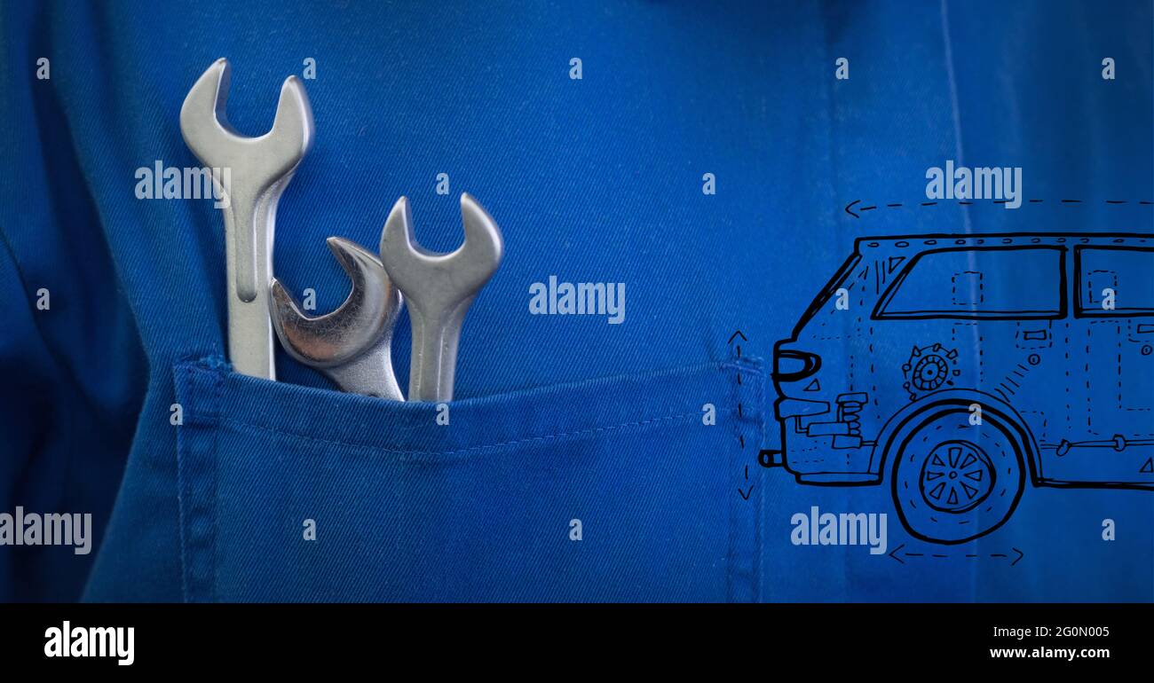Composition of car icon over tools in blue car mechanic overalls Stock ...