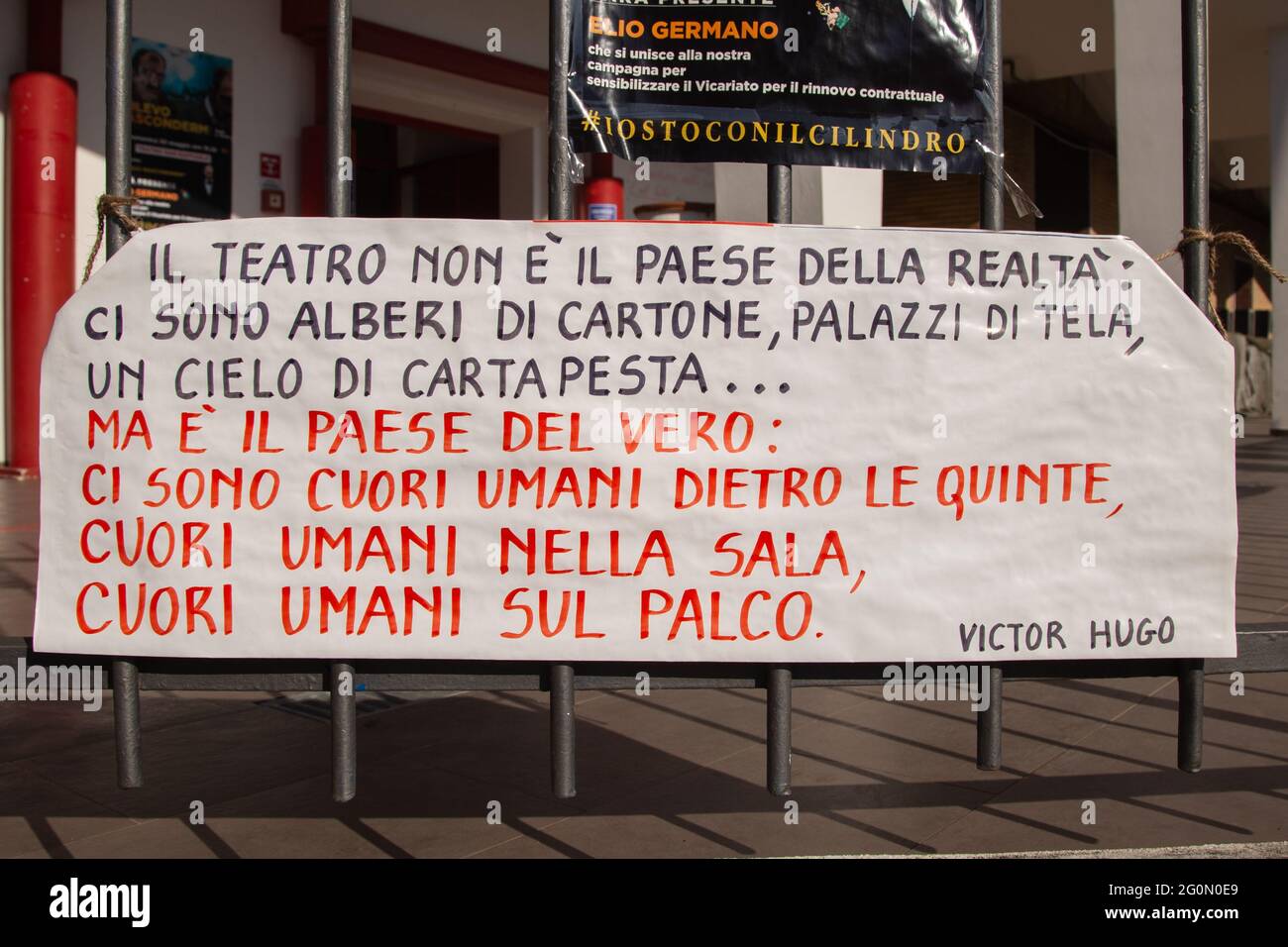 5/30/2021) Sign at the entrance of San Raffaele Theater in Rome against the  closure of the TheaterItalian actor Elio Germano, winner of David di  Donatello 2021 award as best leading actor, joined