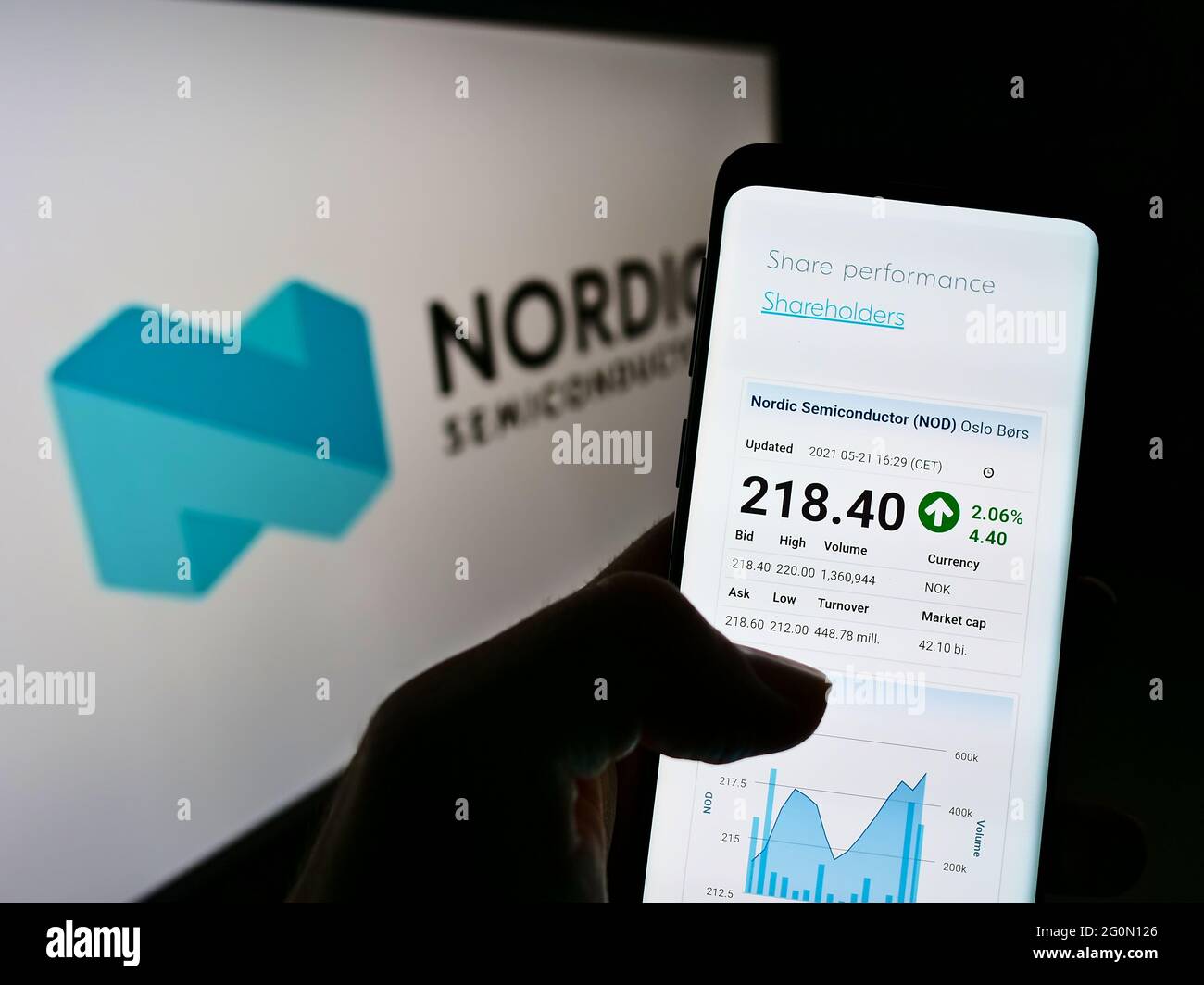 Person holding cellphone with webpage of Norwegian company Nordic