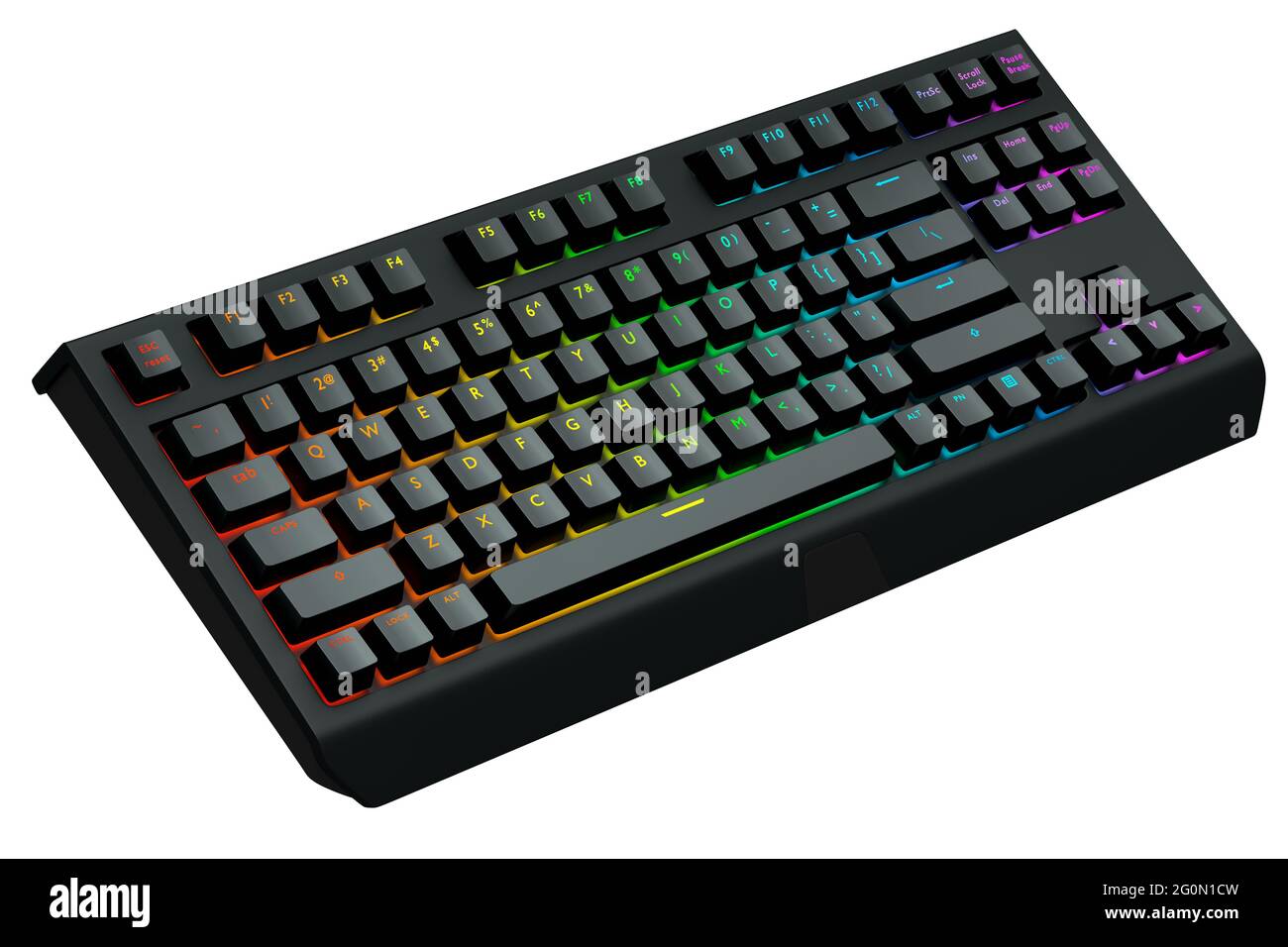 Black computer keyboard with rgb colors isolated on white background. Stock Photo