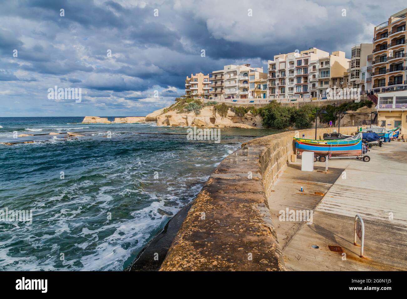 Waterfront of Marsalforn on Gozo island, Malta Stock Photo