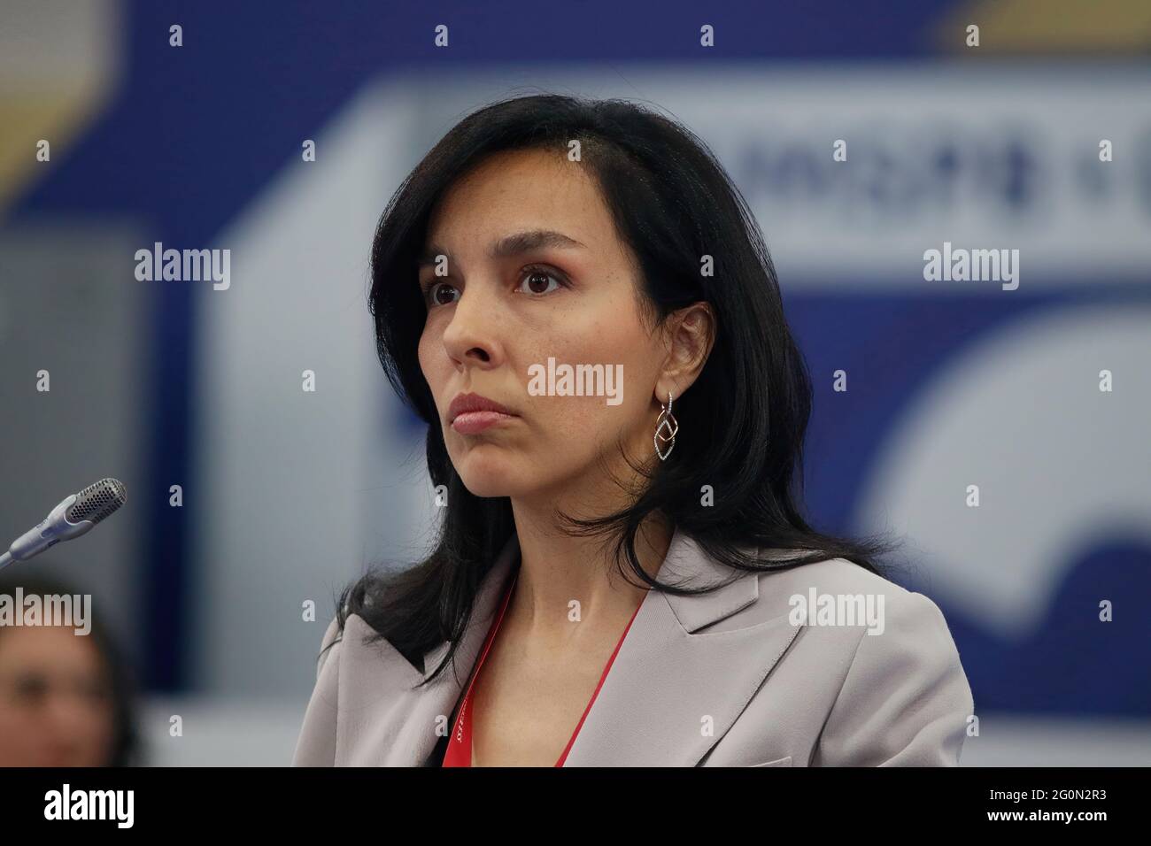 Saint Petersburg, Russia. 02nd June, 2021. Sofia Trotsenko, Founder of Winzavod Center for Contemporary Art and member of the Civil Chamber of Moscow speaks at the St. Petersburg International Economic Forum (SPIEF), "Art Capitals of the World: What Do Russian Supercities Lack to Acquire Such a Status?". (Photo by Maksim Konstantinov/SOPA Image/Sipa USA) Credit: Sipa USA/Alamy Live News Stock Photo