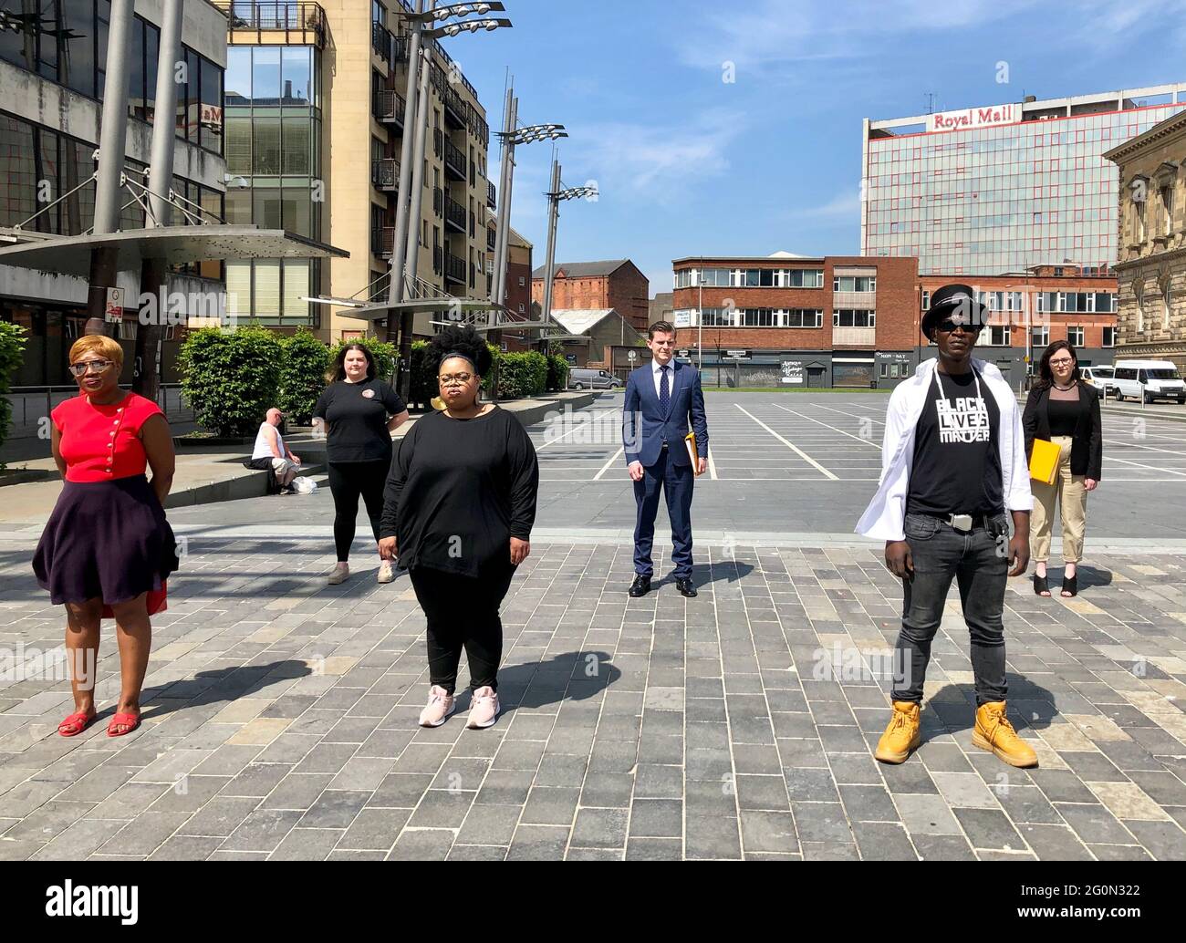(Front left to right) Sipho Sibanda, Willetta Gabriel, Tura Arutura outside Custom House Square in Belfast, Northern Ireland, where one of last summerÕs Black Lives Matter protests took place. The Black Lives Matter protesters stand with their legal team (back, solicitor Darragh Mackin) after it was announced they would not face prosecution for participating in demonstrations in Northern Ireland last summer when Covid-19 limits on public gatherings were in place. Picture date: Wednesday June 2, 2021. Stock Photo