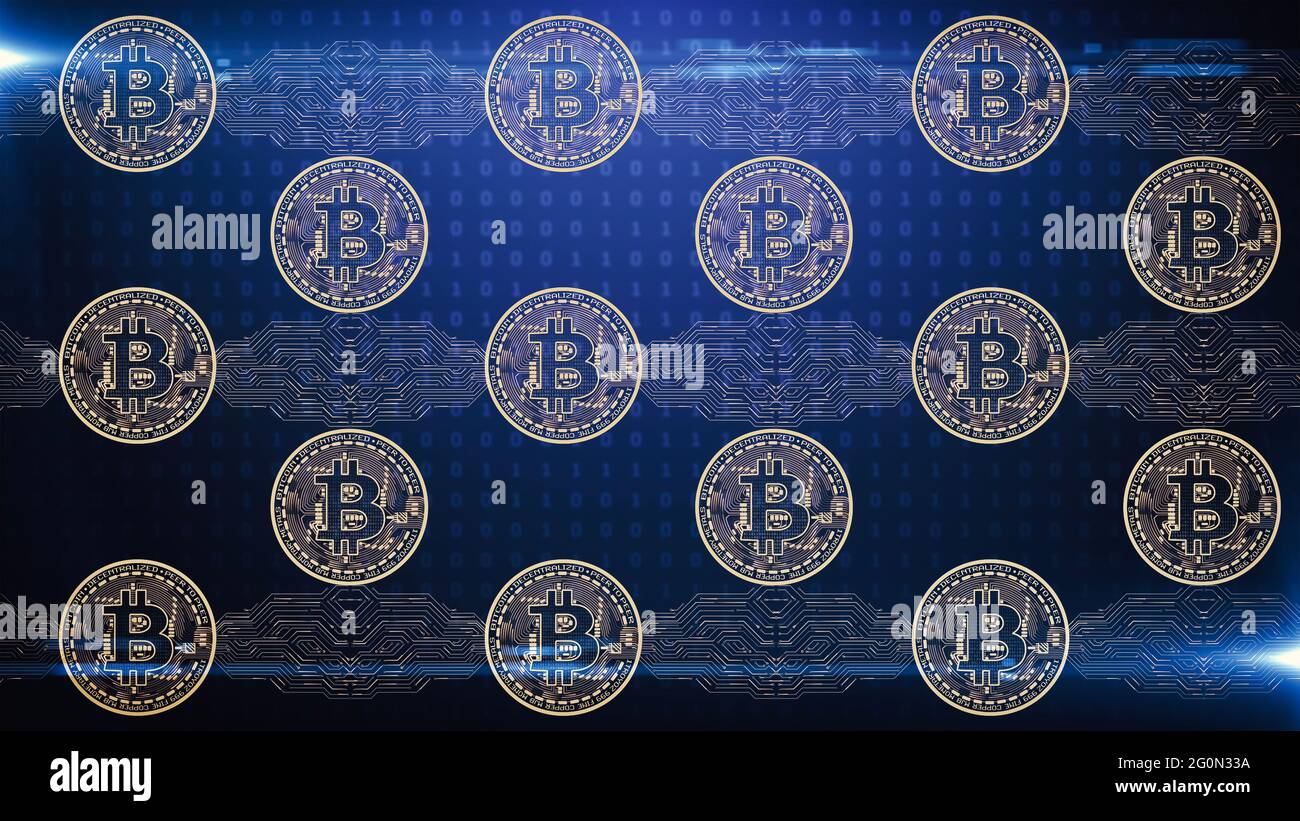 Bitcoin cryptocurrency blockchain on binary blue background. Digital money abstract digital cyberspace. Stock Photo