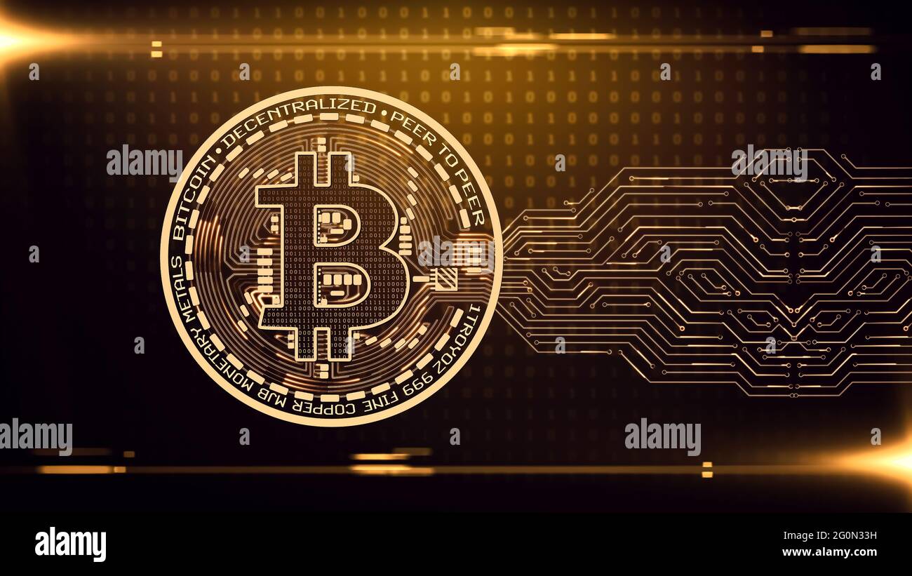 Bitcoin cryptocurrency blockchain on binary golden background. Digital money abstract background in digital cyberspace. Stock Photo