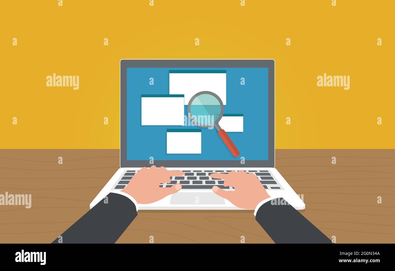Online analyzing check of law legal docs, find or search on laptop with hands. Stock Vector