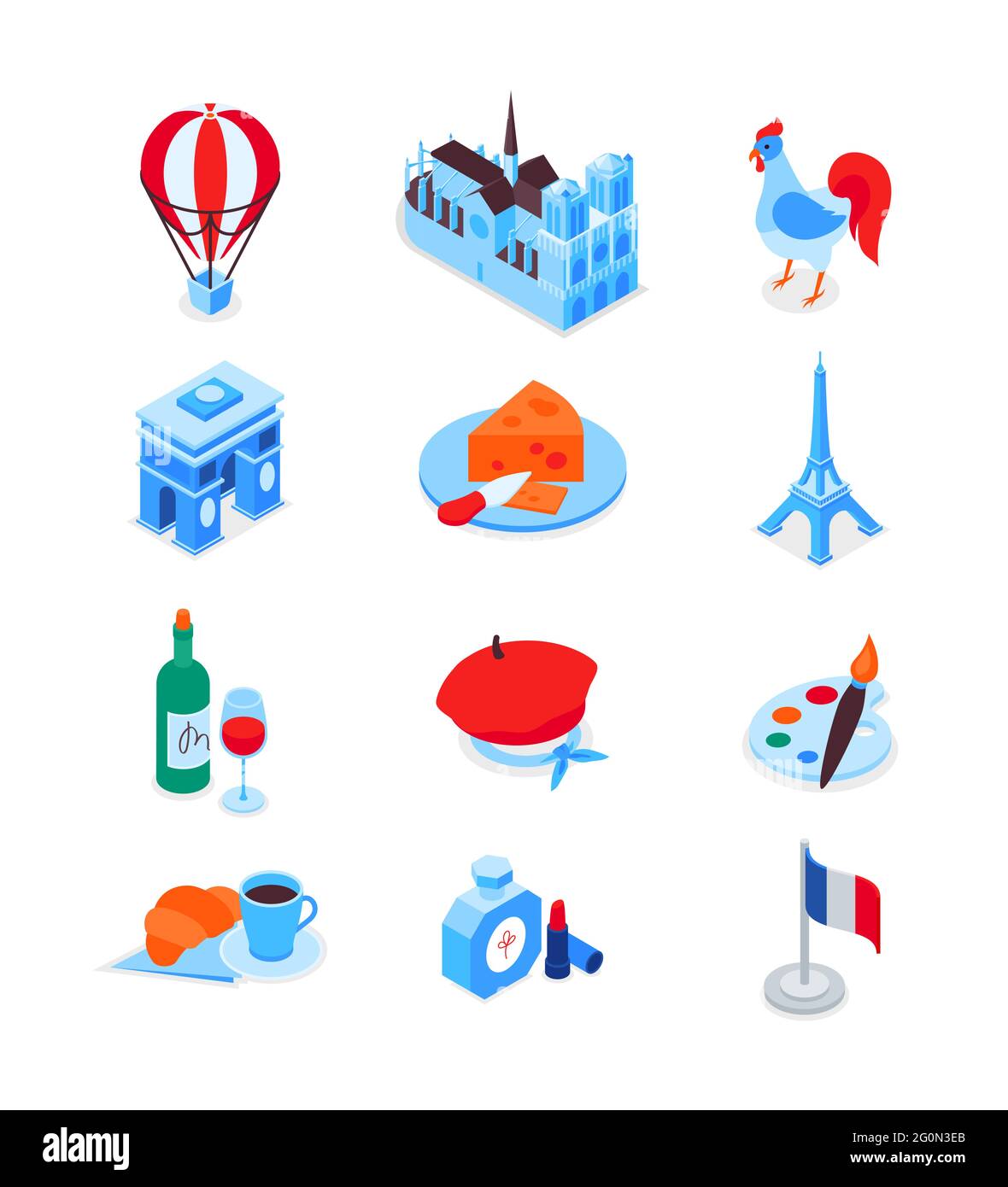 French symbols - modern colorful isometric icons set. Culture and traditions of France. Hot air balloon, wine, Triumphal arch, cheese, flag, Notre-dam Stock Vector