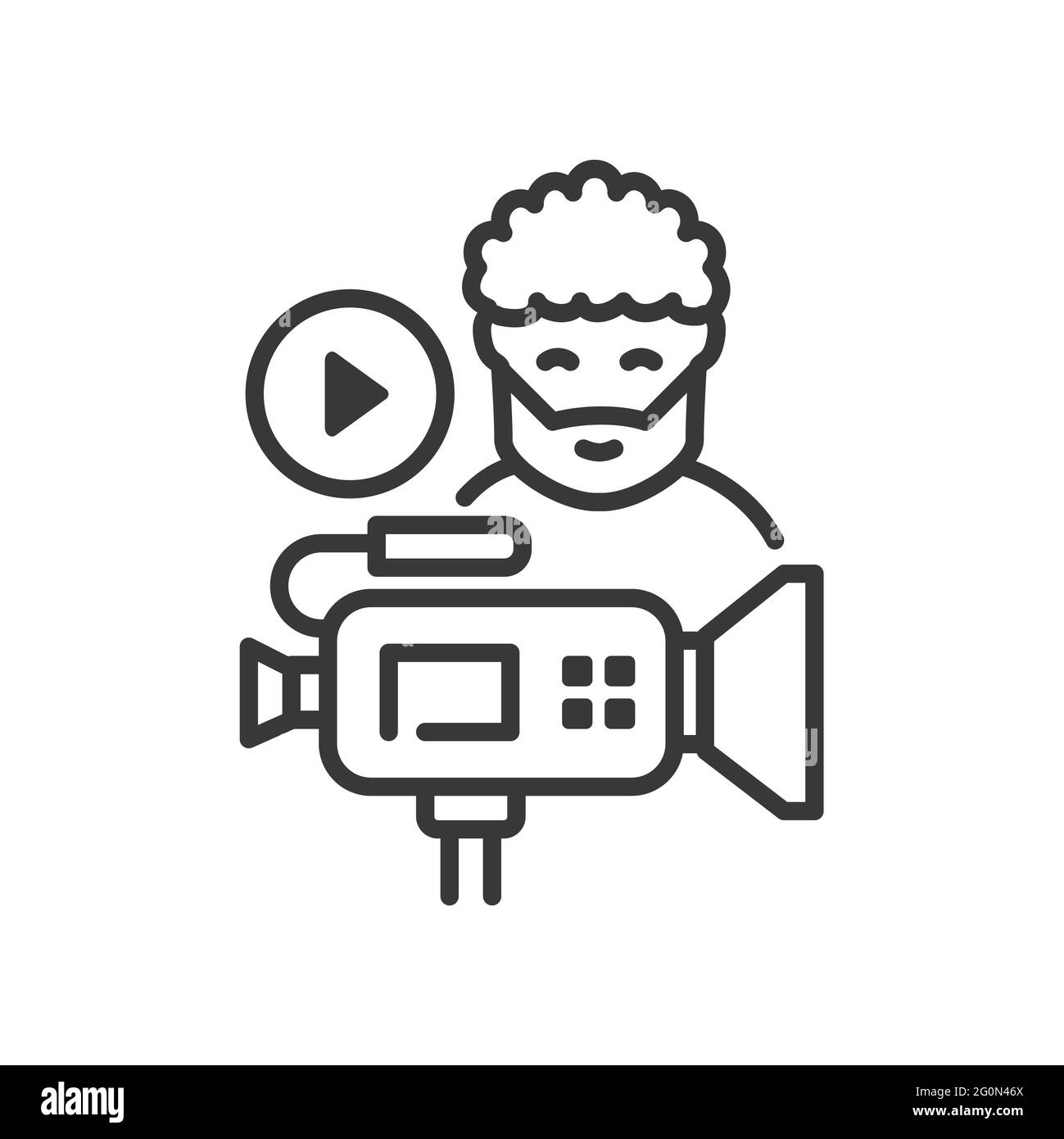 Videoblog - vector line design single isolated icon on white background. High quality black pictogram. Image of a blogger, videographer with a camera. Stock Vector