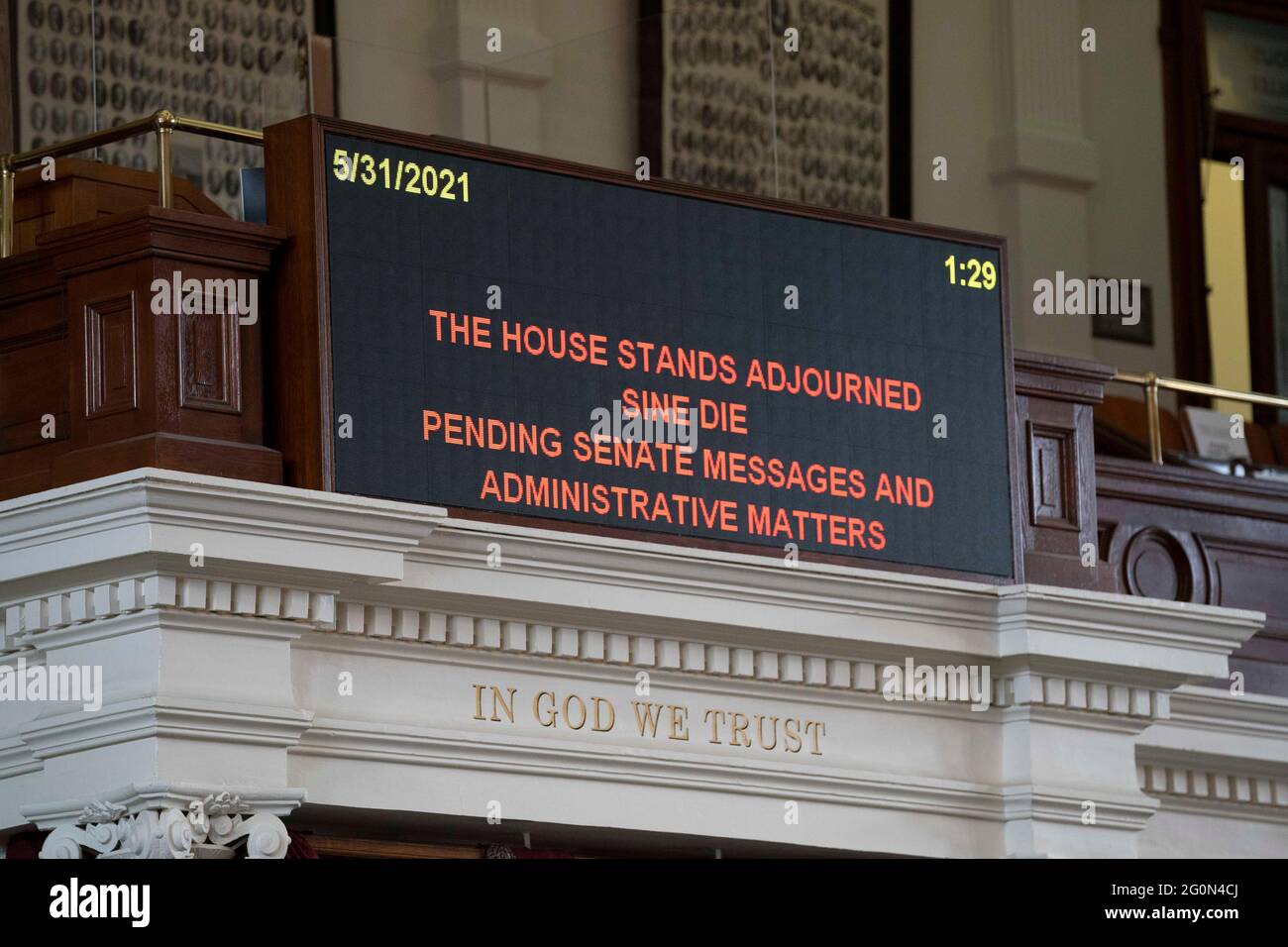 The electronic sign over the Speaker's podium shows the House stands Sine Die on the final day of the 87th Texas Legislature. Stock Photo