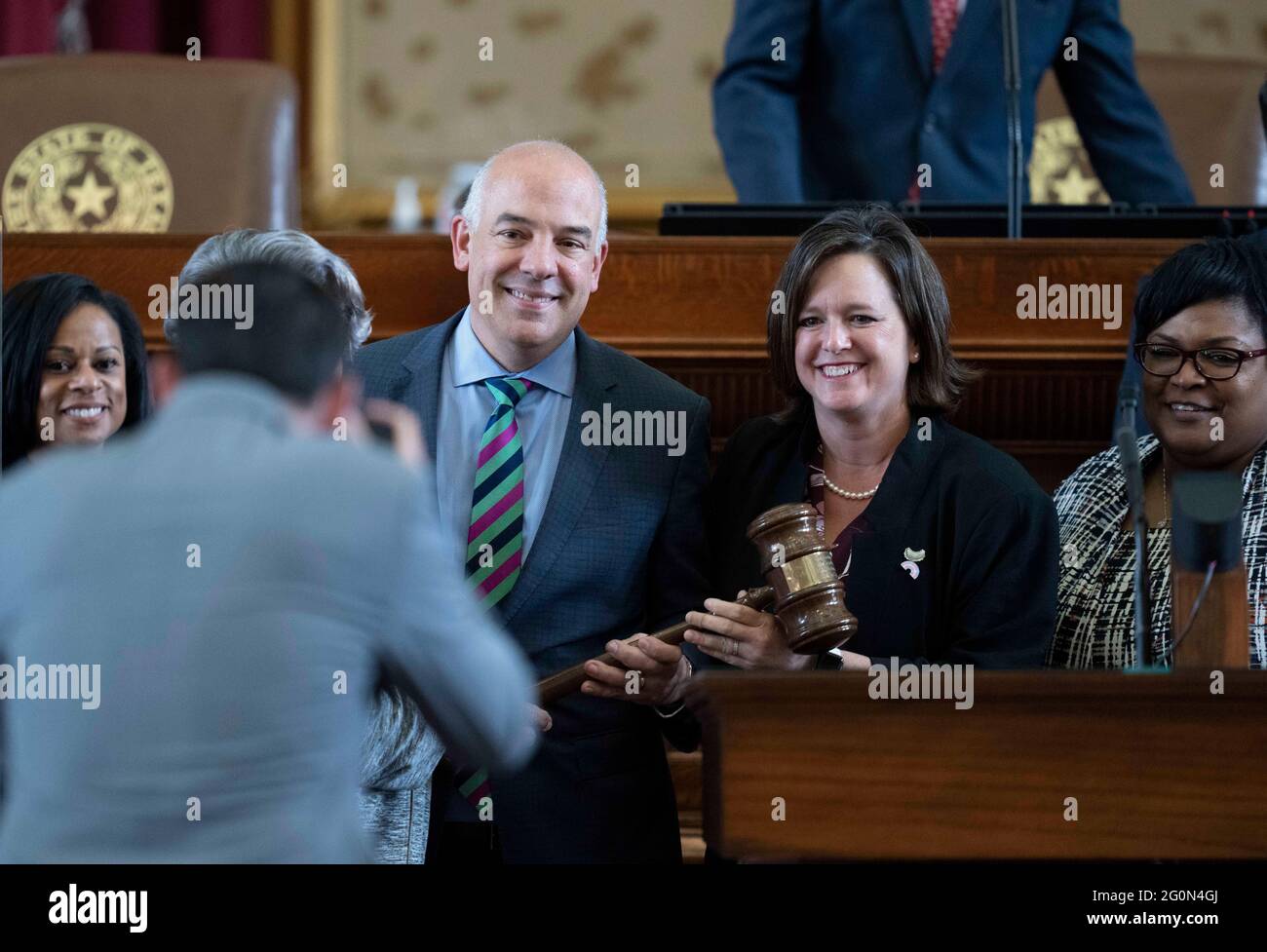 House Democratic Caucus leader Chris Turner, D-Grand Prairie, poses with Rep. Ann Johnson, D-Houston, who received a gavel as the Freshman of the Year on the final day of the 87th Texas Legislature. Stock Photo