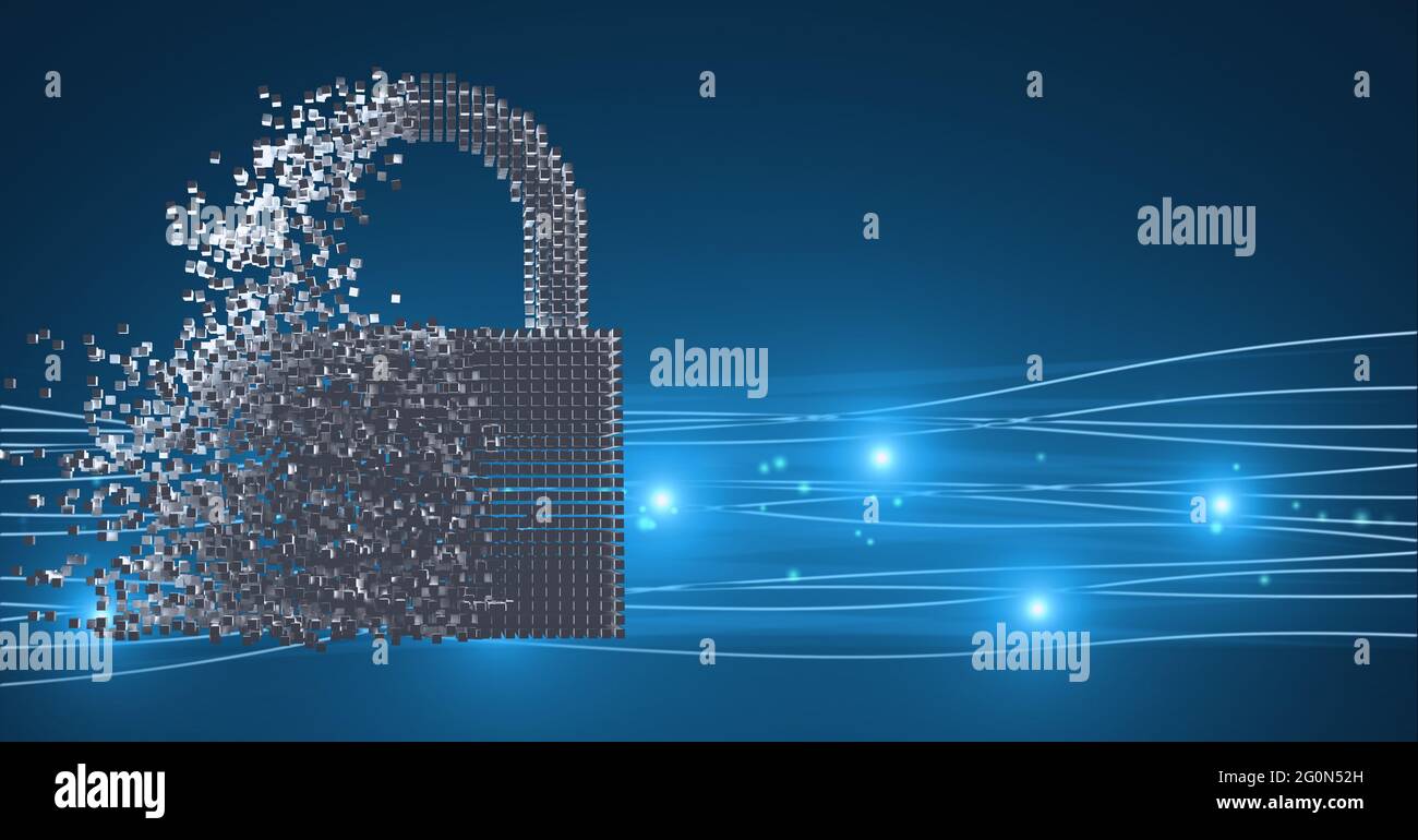 Composition of exploding online security padlock icon formed with grey ...