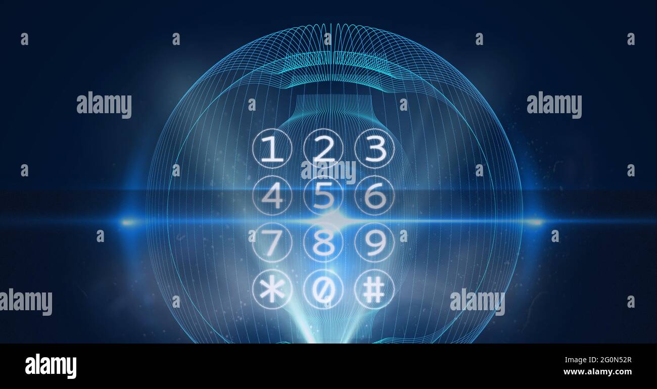 Composition of interface with telephone numeric keypad with holographic curved lights on black Stock Photo