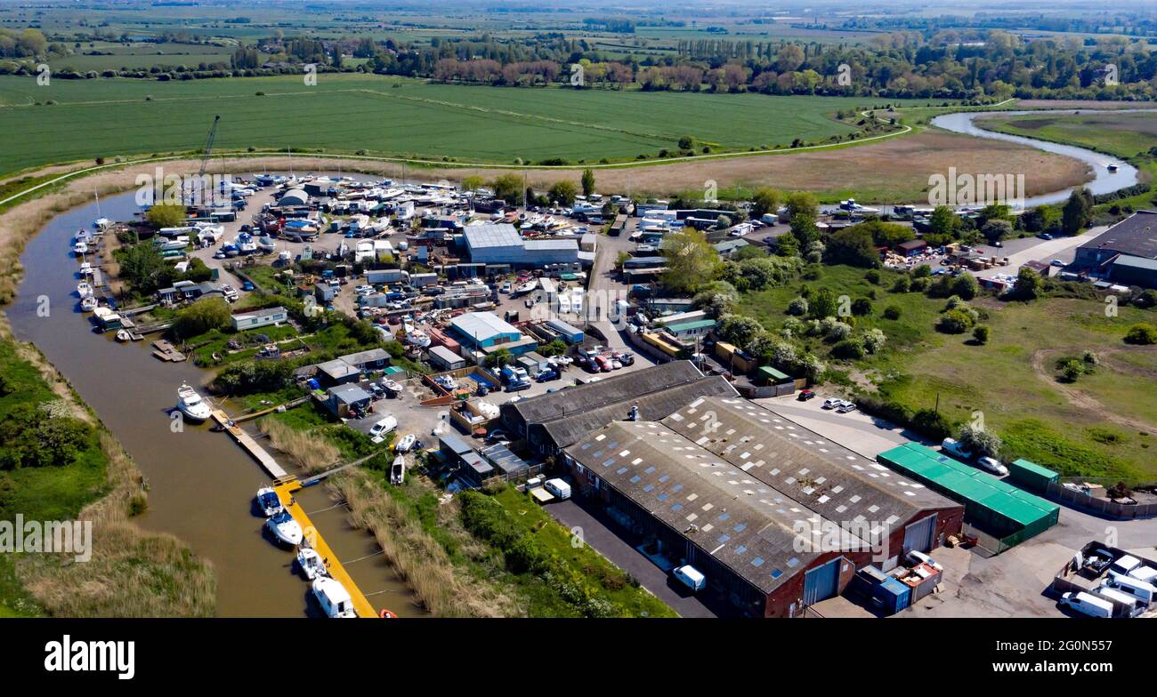 Aerial view of the River Stour winding around Sandwich Marina, at the