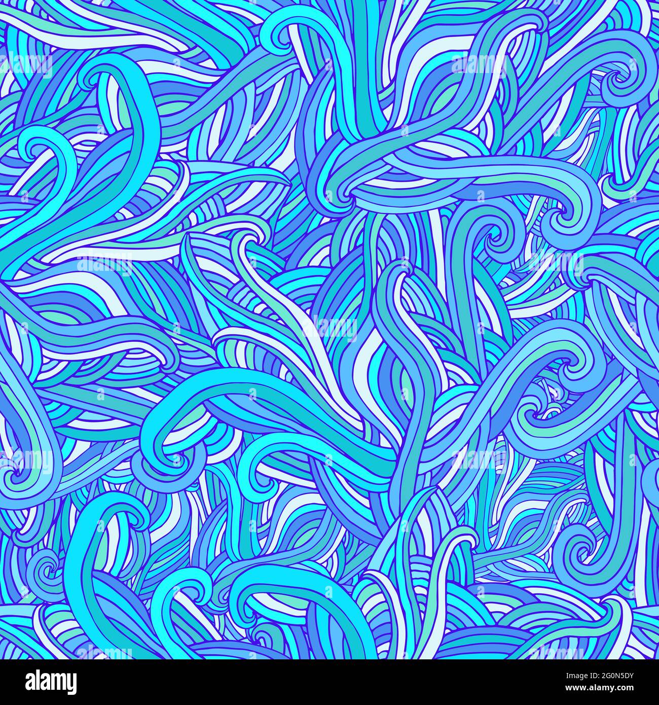 Curly waves colorful abstract seamless pattern, blue cyan turquoise colors. Stock Vector