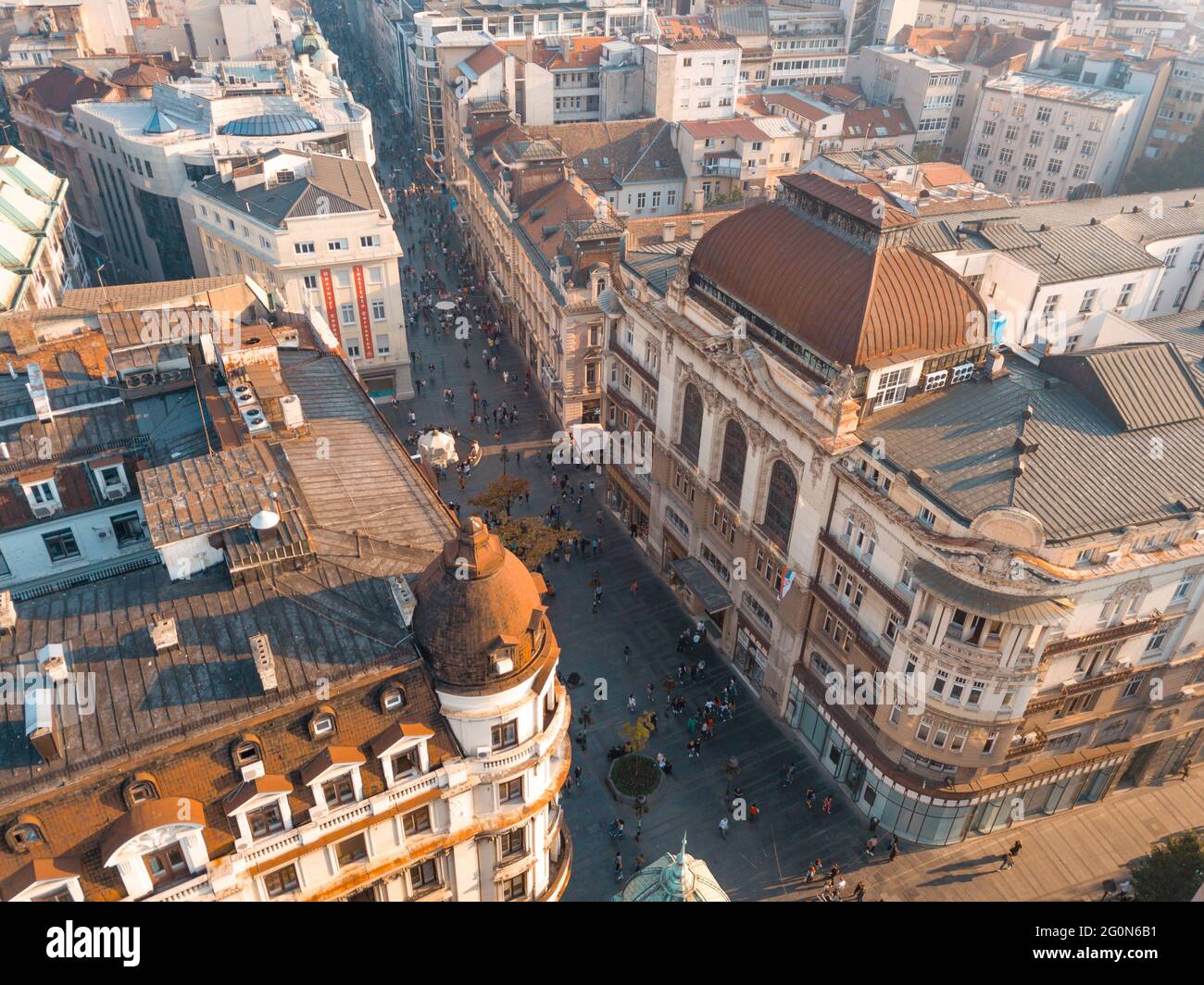 Bird's view of Knez Mihailova street and SANU building in Belgrade Stock Photo