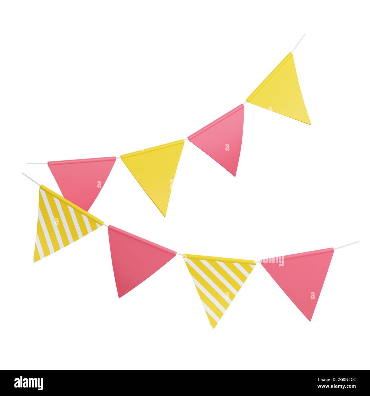 Party flags 3d render illustration. Pink and yellow triangular flags  hanging on rope for birthday or holiday decoration Stock Photo - Alamy