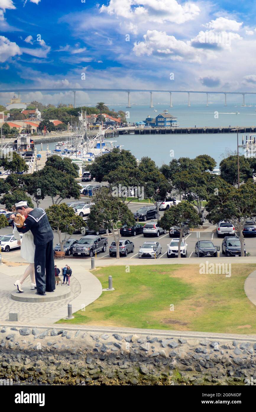 Famous kissing sailor of 1945 sculpture in the Tuna Harbor Park with