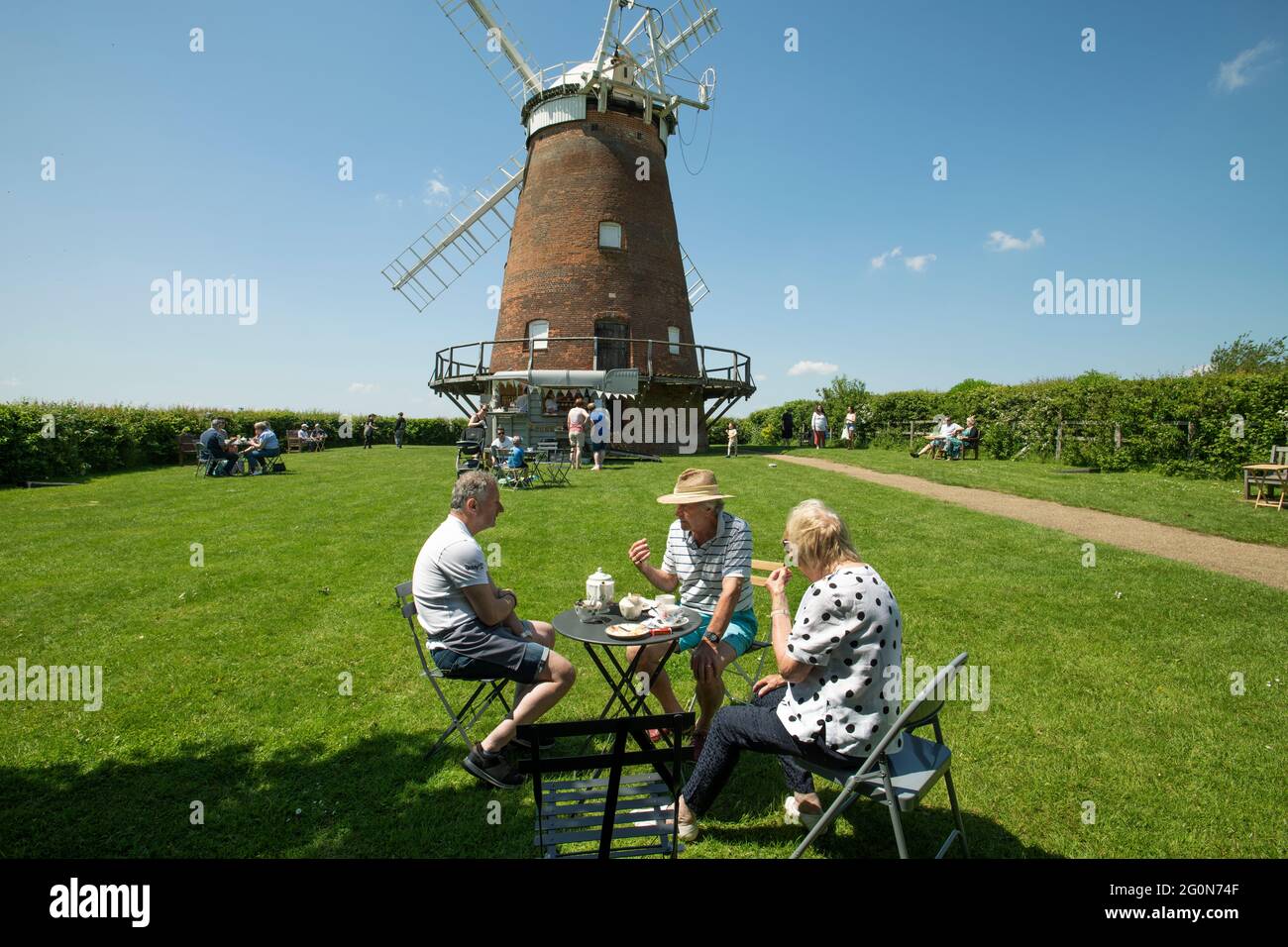 Thaxted Essex UK 31 May 2021 Bank Holiday Summer tea and cake in the grounds of John Webbs Windmill (Thaxted Windmill). quintessential British summer Stock Photo