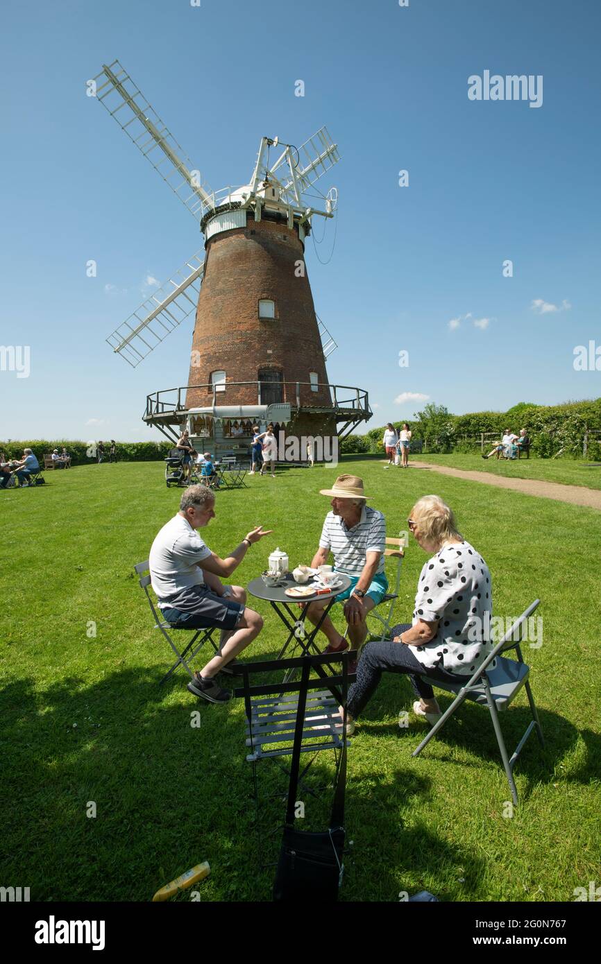 Thaxted Essex UK 31 May 2021 Bank Holiday Summer tea and cake in the grounds of John Webbs Windmill (Thaxted Windmill). quintessential British summer Stock Photo