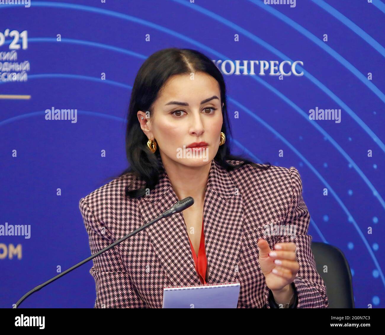 Saint Petersburg, Russia. 02nd June, 2021. Tinatin Kandelaki, General Producer, Match TV speaks at the St. Petersburg International Economic Forum (SPIEF) on "What Will Russia Come Up with Next?". Credit: SOPA Images Limited/Alamy Live News Stock Photo
