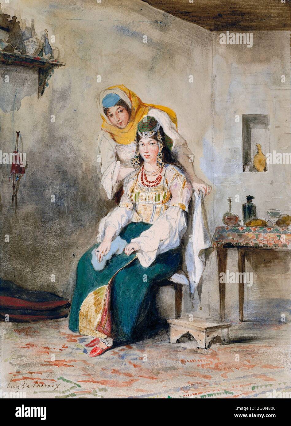 Saada, the Wife of Abraham Ben-Chimol, and Préciada, One of Their Daughters by Eugène Delacroix (1798-163), watercolor over graphite on wove paper, 1832 Stock Photo