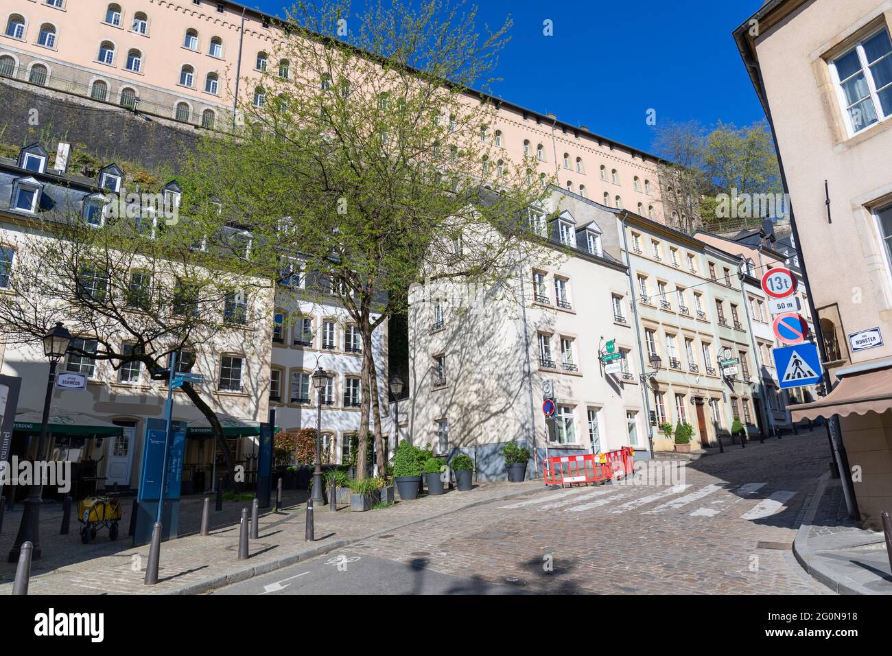 Europe, Luxembourg, Luxembourg City, Montée du Grund, Traditional Street with Houses and Bars Stock Photo