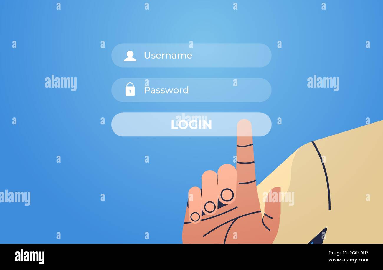 human hand pressing login button on virtual screen authorization