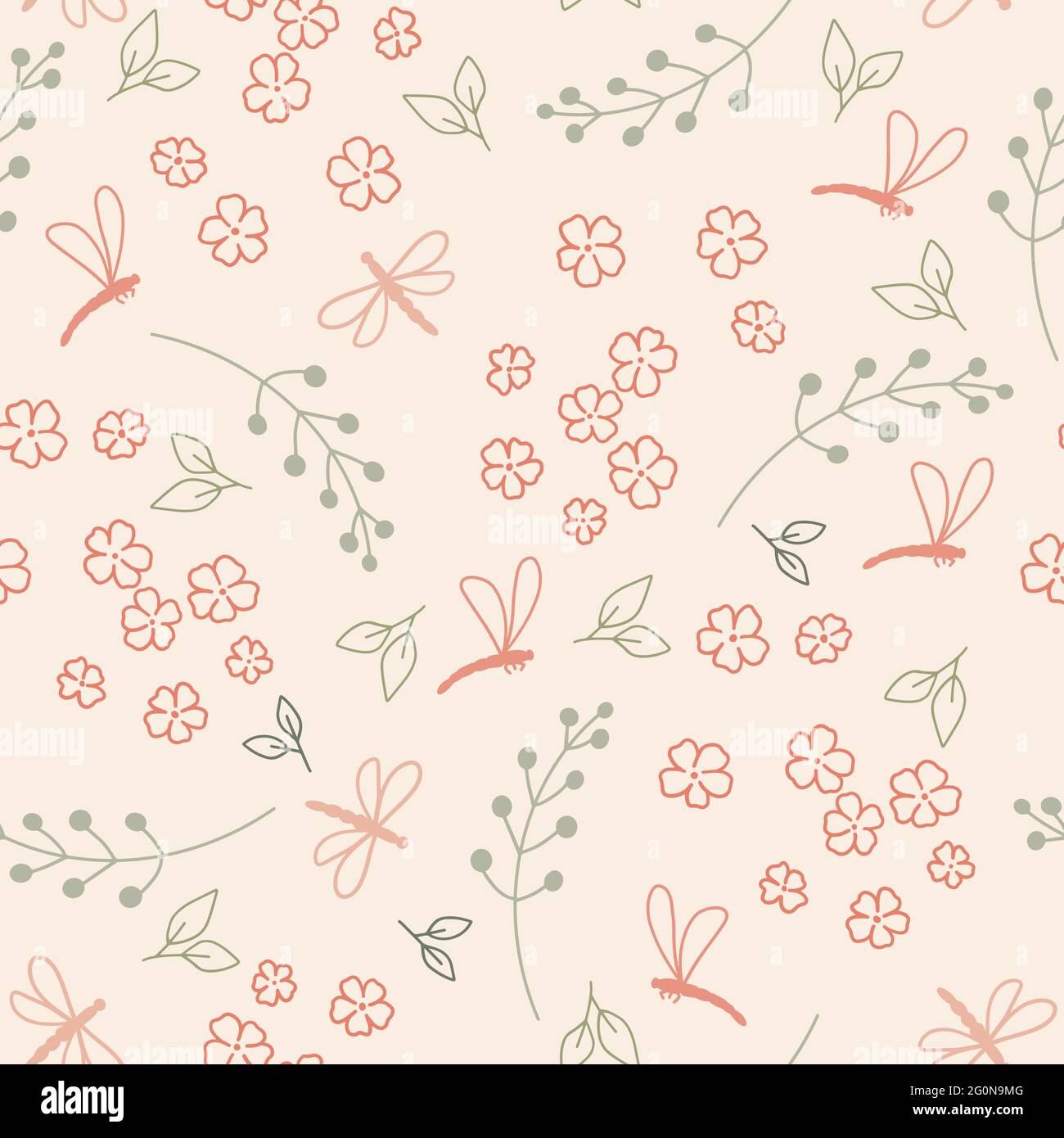Seamless pattern with plants and dragonflies on a pink background. Abstract design. Vector illustration. Doodle Suitable for textiles, printing and wr Stock Vector