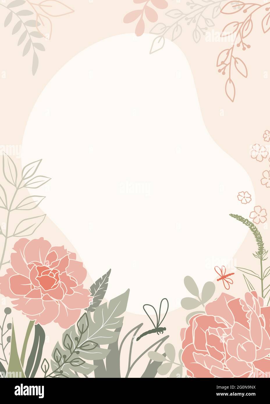 Abstract design with flowers and dragonflies on a pink background ...