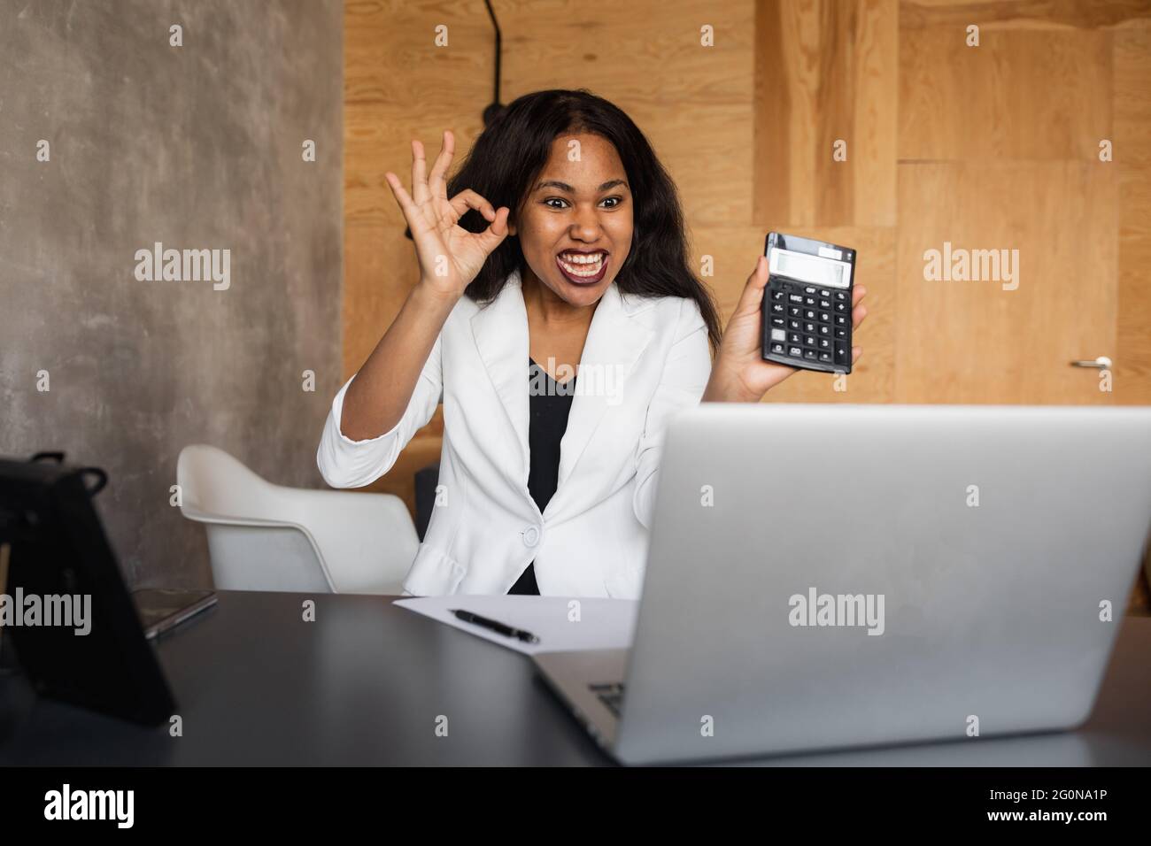 Female Entrepreneur. Cheerful African American Businesswoman Working On ...