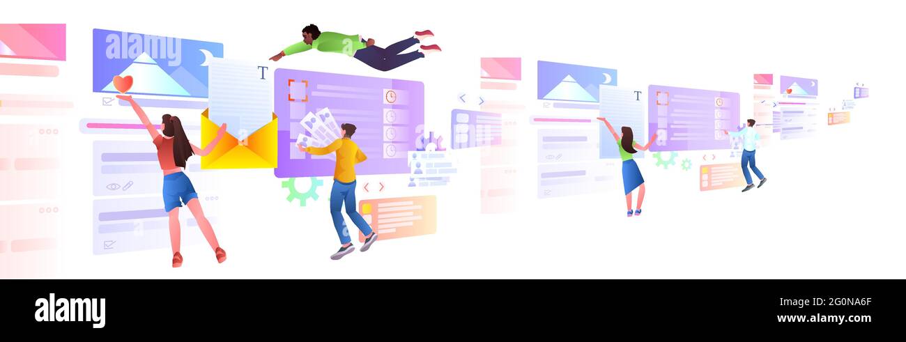 mix race developers team creating website ui web application development program software optimization Stock Vector