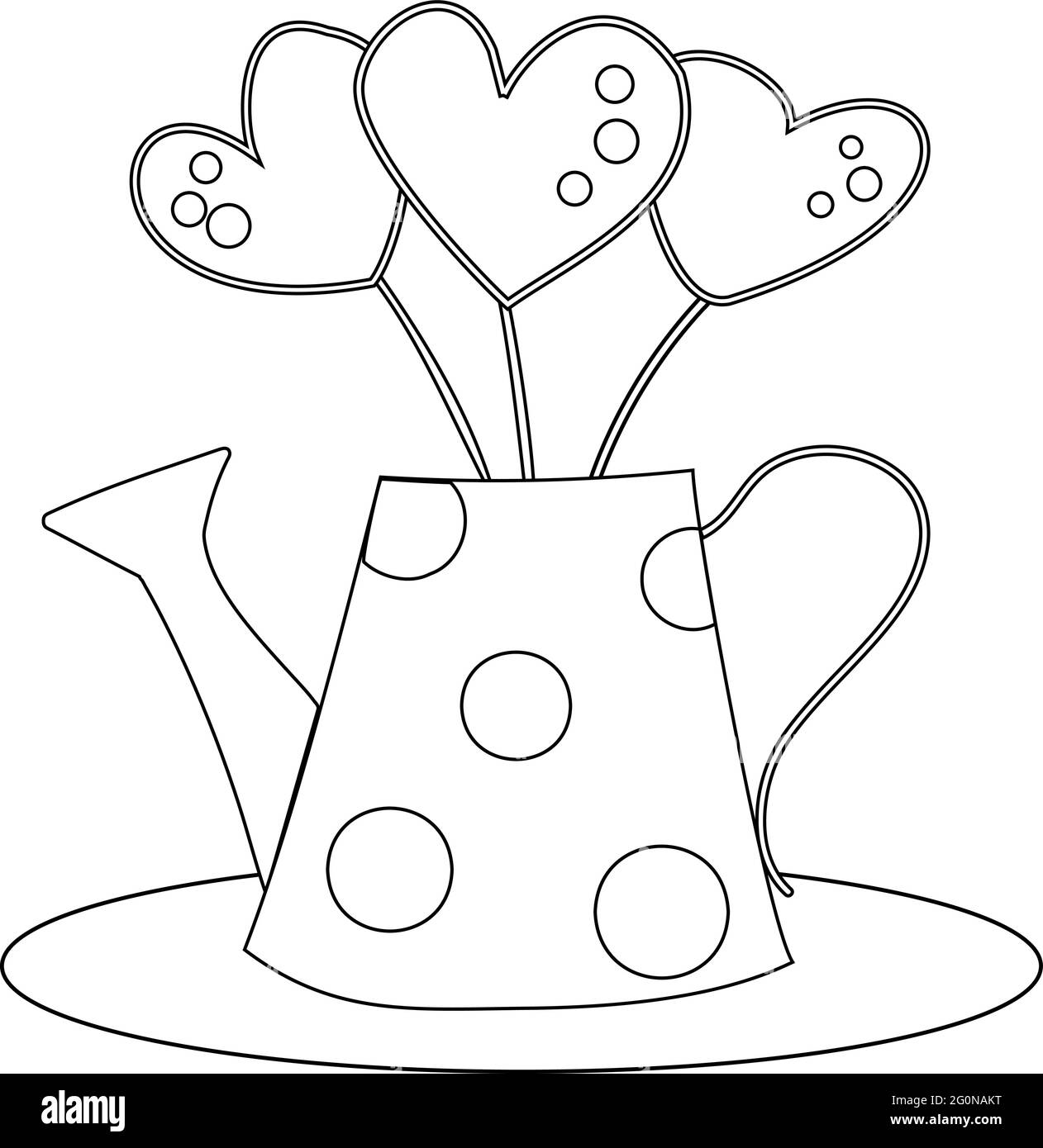 Retro watering can with polka dots, with a bouquet of three hearts on sticks, isolated on a white background. Stock Vector
