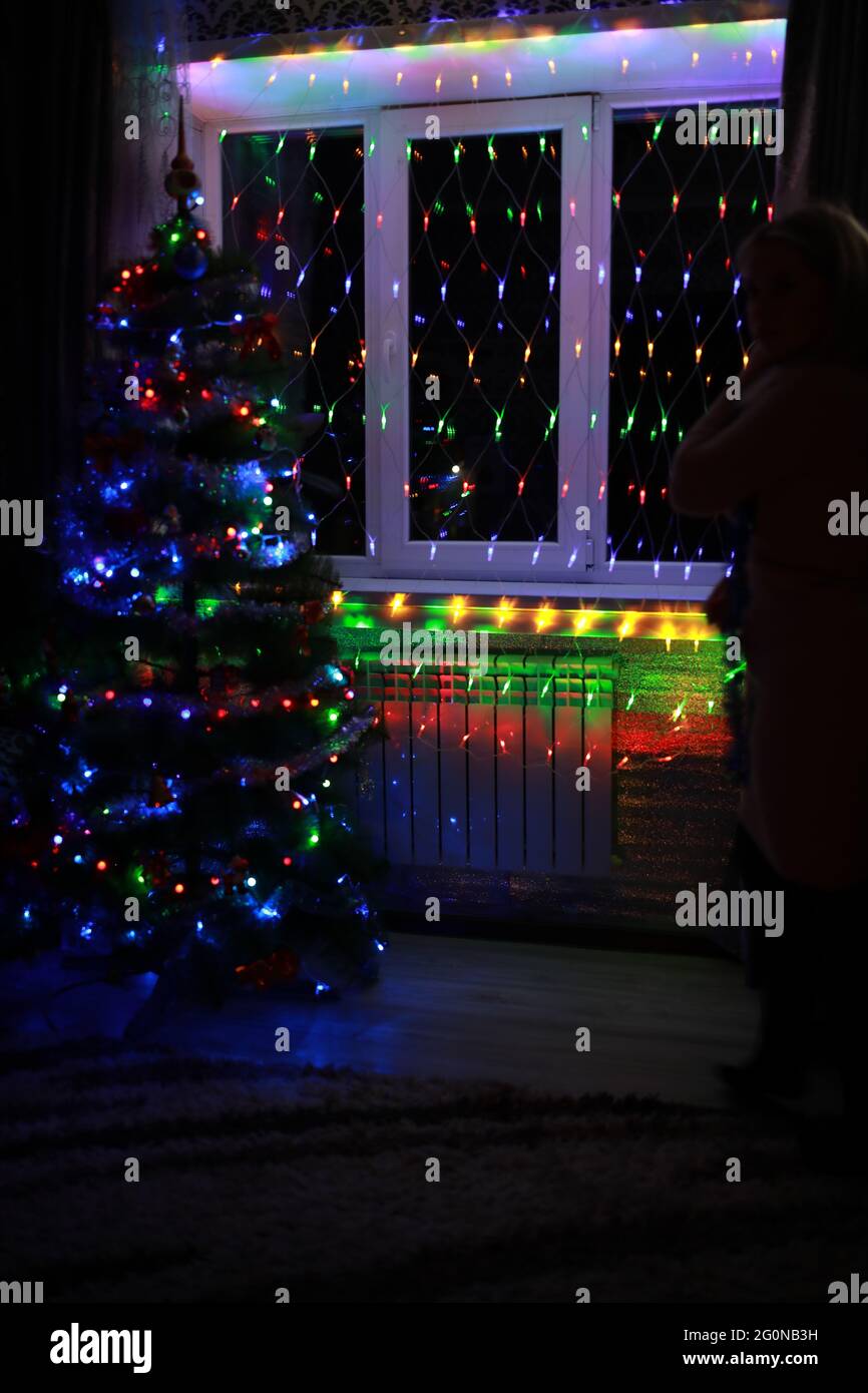 Christmas elegant tree stands under the window Stock Photo