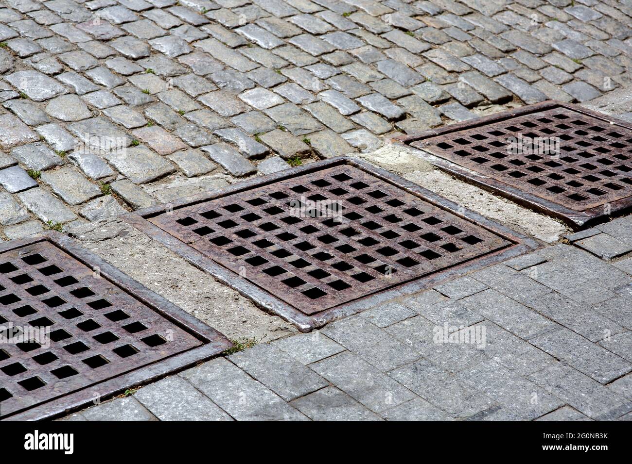 drainage system of urban infrastructure with an iron grating of the