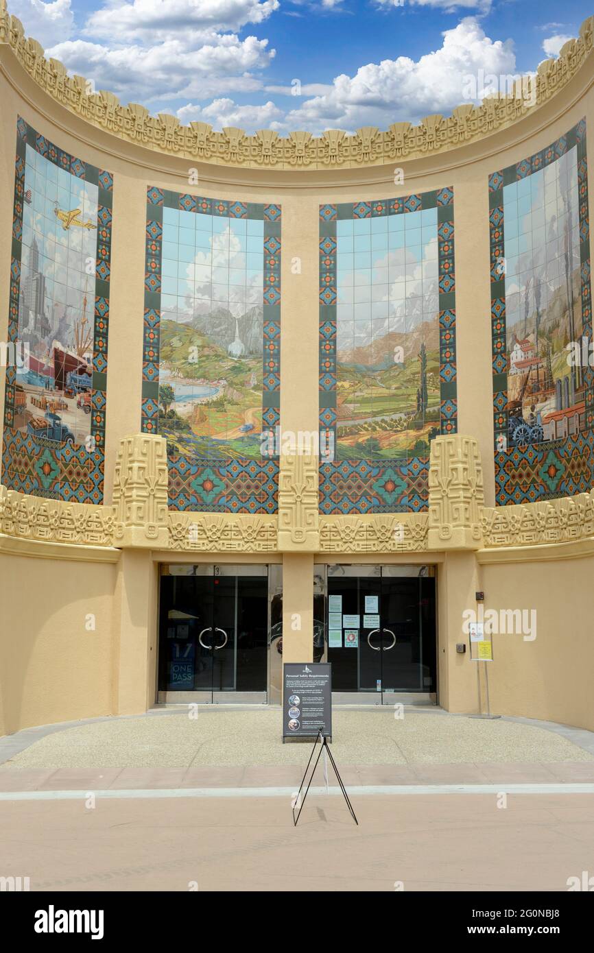 Murals on the wall of the San Diego Automotive Museum built in 1935 for