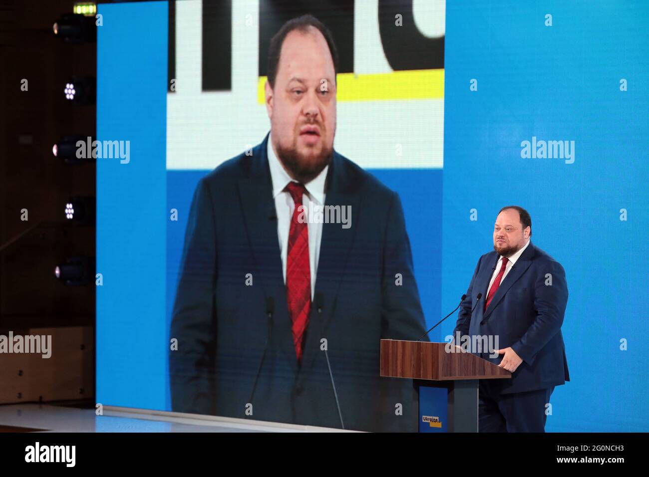 KYIV, UKRAINE - JUNE 2, 2021 - First Deputy Speaker of the Verkhovna Rada of Ukraine Ruslan Stefanchuk delivers a speech during the Ukraine 30. Educat Stock Photo