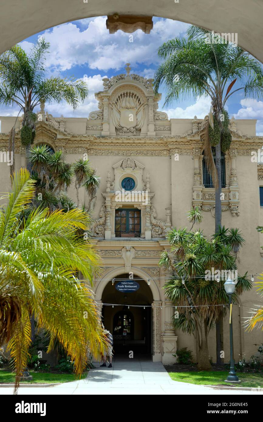 Looking at the spanish style architecture of the entrance to the Visitor Center and the Prado Restaurant in Balboa Park, San Diego, CA Stock Photo