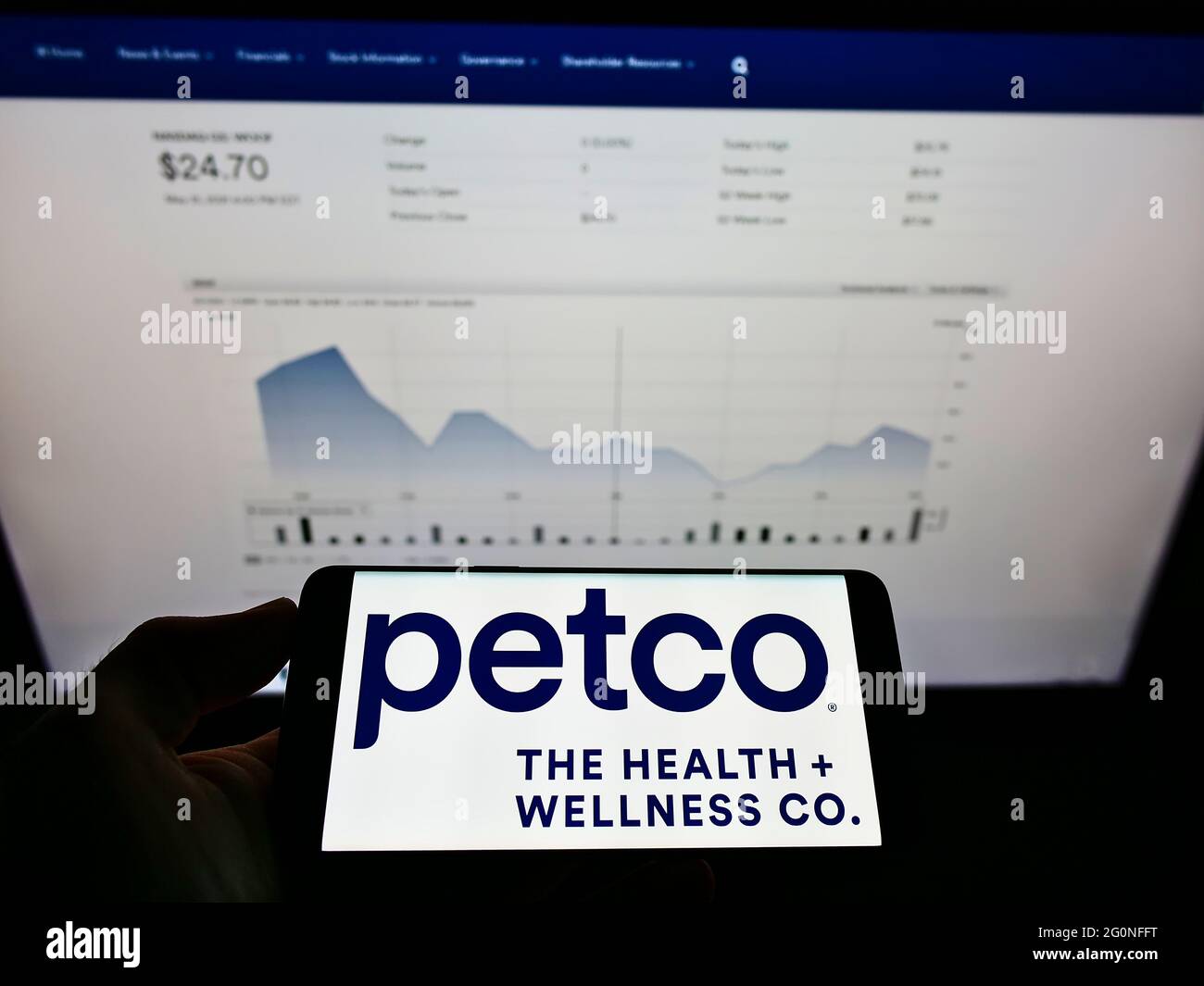 Person holding smartphone with logo of US retailer Petco Health and Wellness Company Inc. on screen in front of website. Focus on phone display. Stock Photo