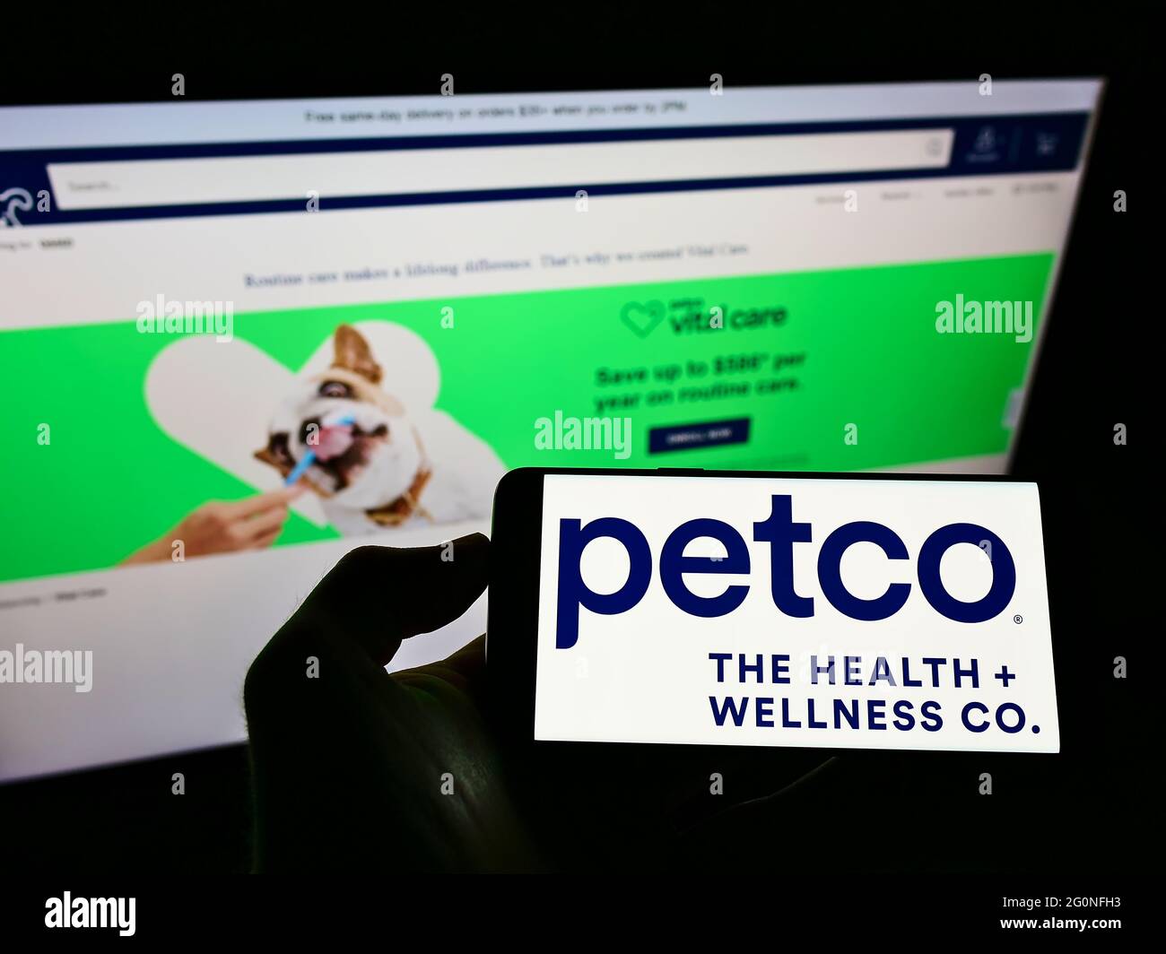 Person holding mobile phone with logo of retailer Petco Health and Wellness Company Inc. on screen in front of web page. Focus on phone display. Stock Photo