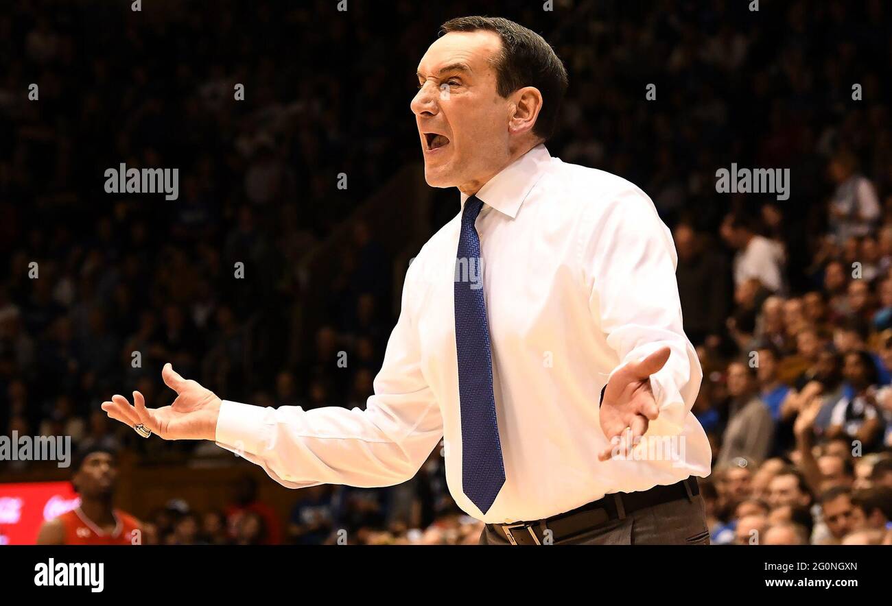 Durham, USA. 02nd Feb, 2019. Duke head coach Mike Krzyzewski questions a call in the second half of play against St. John's at Cameron Indoor Stadium in Durham, N.C., on Saturday, Feb. 2, 2019. Duke won, 91-61. (Photo by Chuck Liddy/Raleigh News & Observer/TNS/Sipa USA) Credit: Sipa USA/Alamy Live News Stock Photo