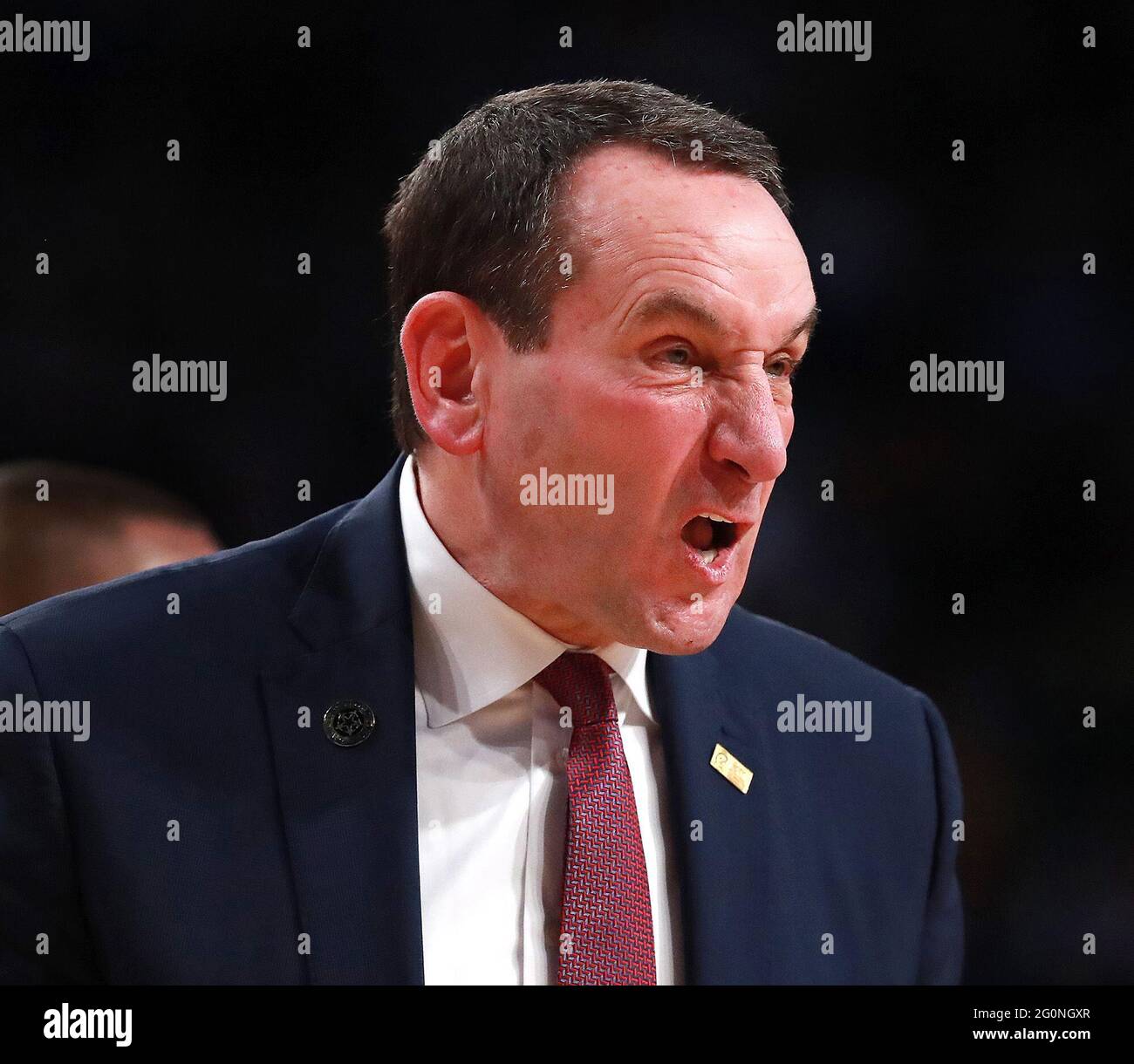 Atlanta, USA. 08th Jan, 2020. Duke head coach Mike Krzyzewski reacts to a call by an official during action against Georgia Tech on January 8, 2020, at McCamish Pavilion in Atlanta. (Photo by Curtis Compton/Atlanta Journal-Constitution/TNS/Sipa USA) Credit: Sipa USA/Alamy Live News Stock Photo