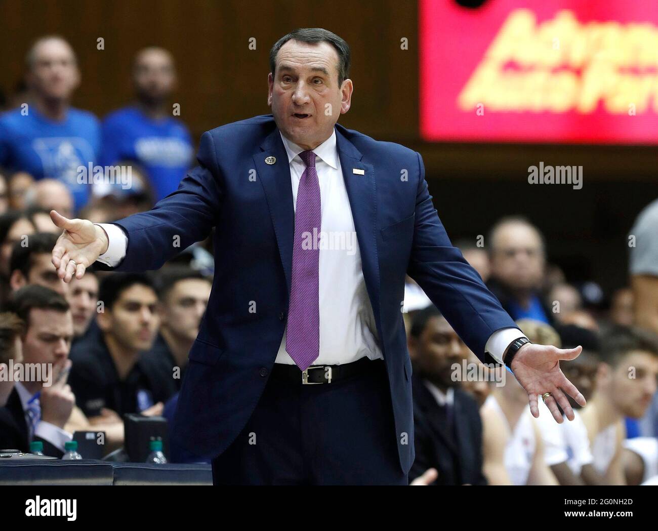 Durham, USA. 05th Mar, 2019. Duke head coach Mike Krzyzewski is not happy with an official's call during the first half against Wake Forest at Cameron Indoor Stadium in Durham, N.C., on Tuesday, March 5, 2019. (Photo by Ethan Hyman/Raleigh News & Observer/TNS/Sipa USA) Credit: Sipa USA/Alamy Live News Stock Photo