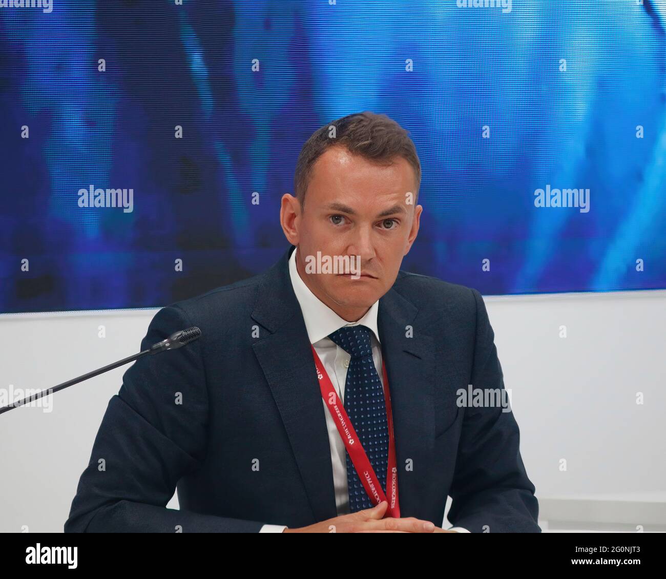 Saint Petersburg, Russia. 02nd June, 2021. Speaker Petr Rodionov, General Director, Geropharm LLC at the St. Petersburg International Economic Forum, Drug Security Forum on 'Technological Sovereignty of the EAEU: Successes and Potential of the National Pharma Industry'. Credit: SOPA Images Limited/Alamy Live News Stock Photo