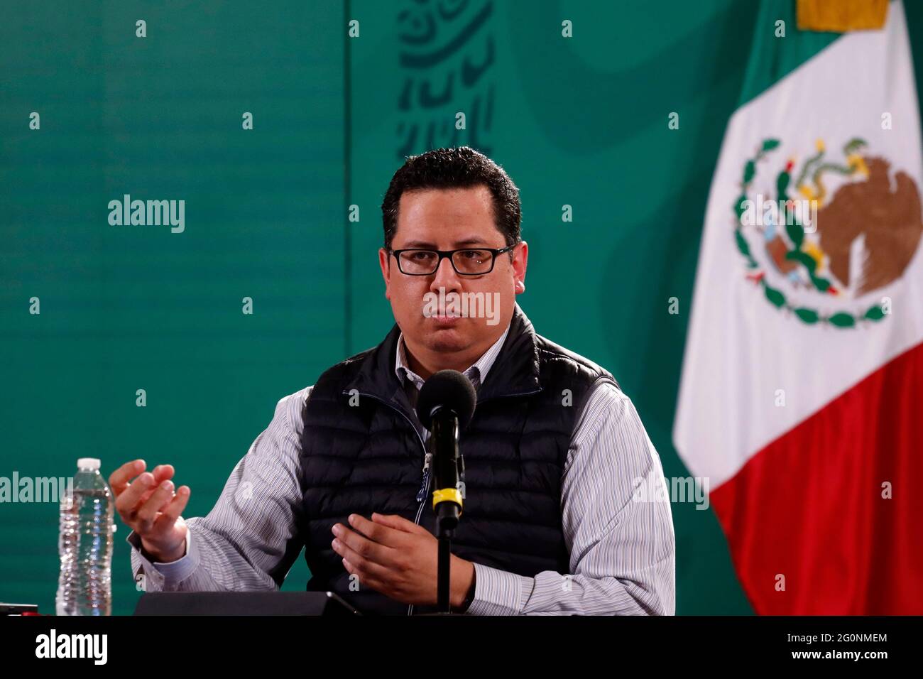 MEXICO CITY, MEXICO JUNE 1: Director of Epidemiology, Jose Luis Alomia, speaks during briefing conference at National Palace on June 1, 2021 in Mexico City, Mexico (Photo by Eyepix/Sipa USA) Stock Photo