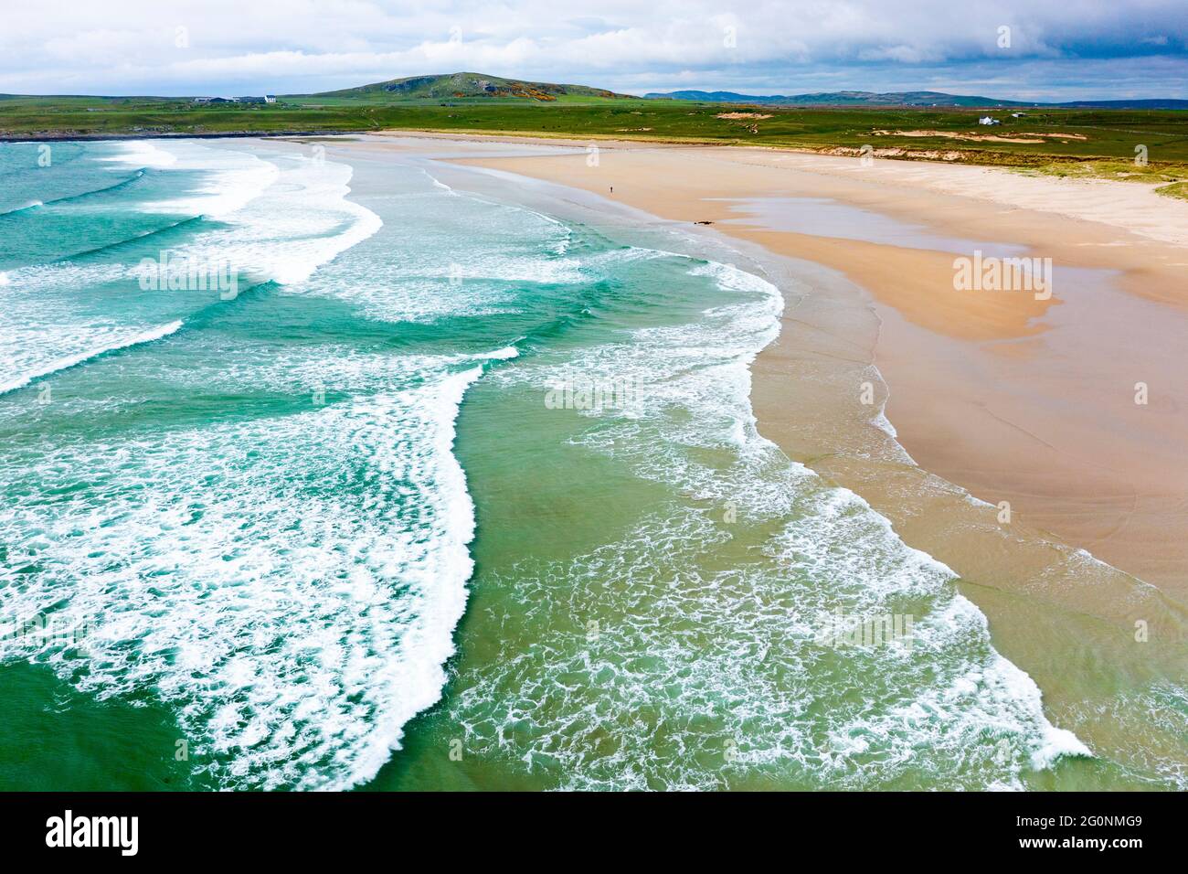 Aerial view of beach at Machir Bay on west coast of Islay, Inner Hebrides, Argyll & Bute, Scotland, UK Stock Photo