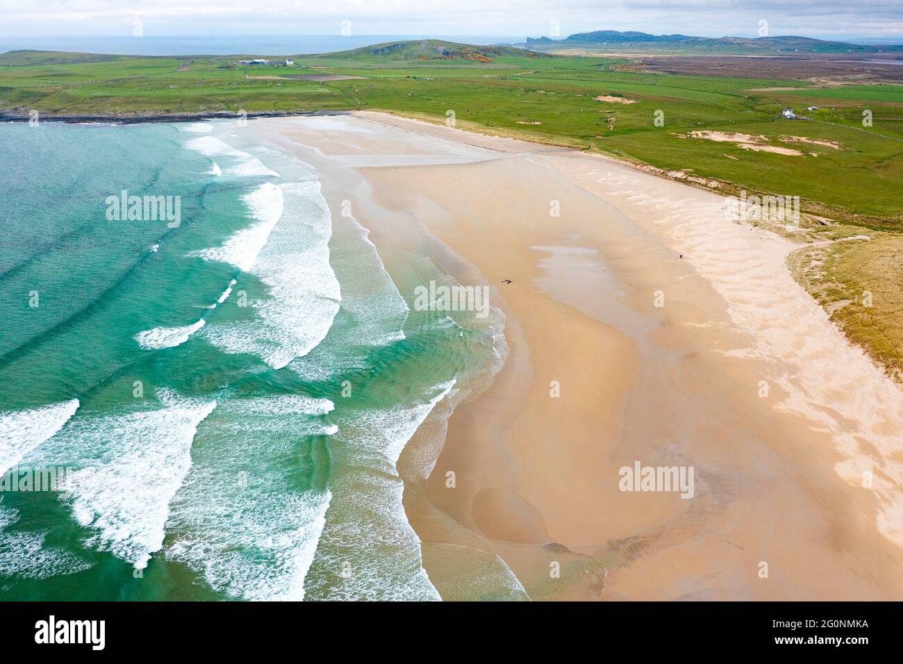 Aerial view of beach at Machir Bay on west coast of Islay, Inner Hebrides, Argyll & Bute, Scotland, UK Stock Photo