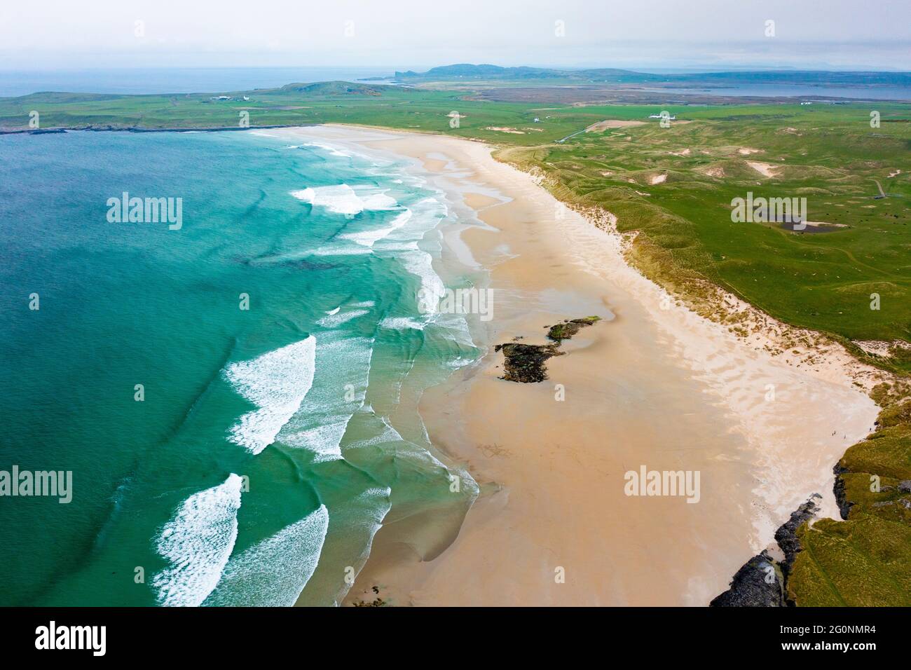 Aerial view of beach at Machir Bay on west coast of Islay, Inner Hebrides, Argyll & Bute, Scotland, UK Stock Photo